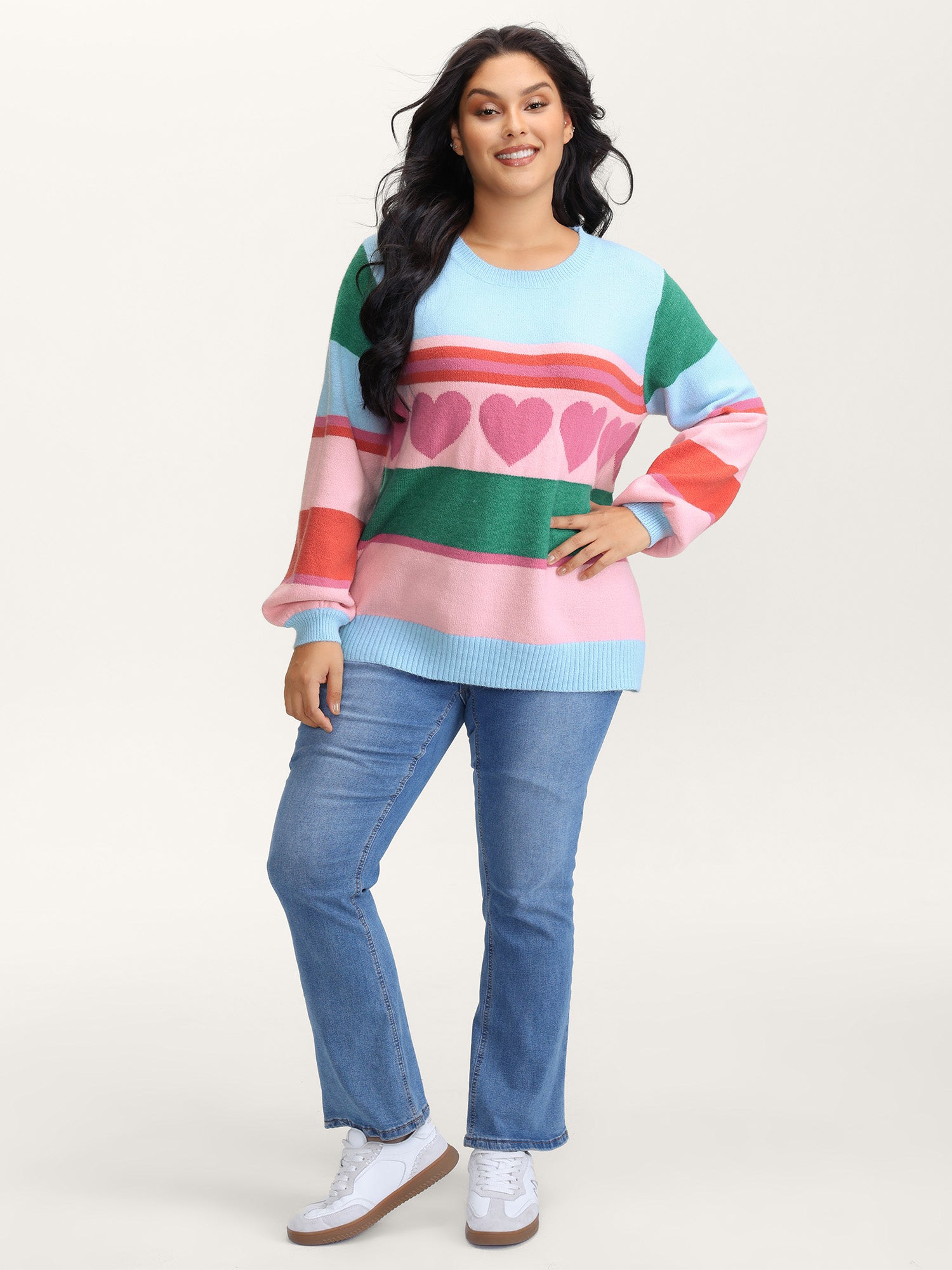Heart Striped Print Jacquard Colorful Pullover-Sweetccc