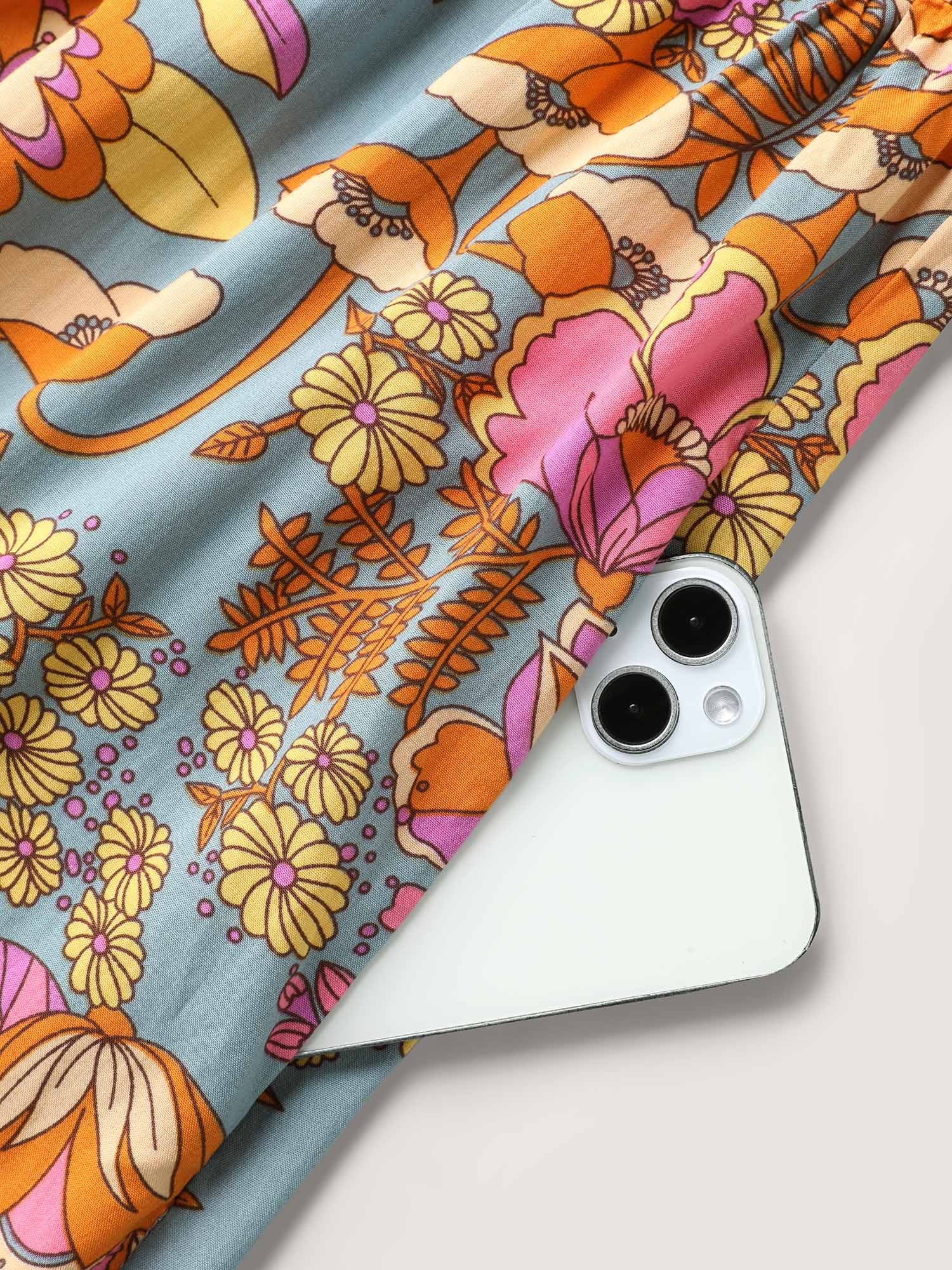 Floral Print Puffy Sleeve Flowy Romper-Sweetccc