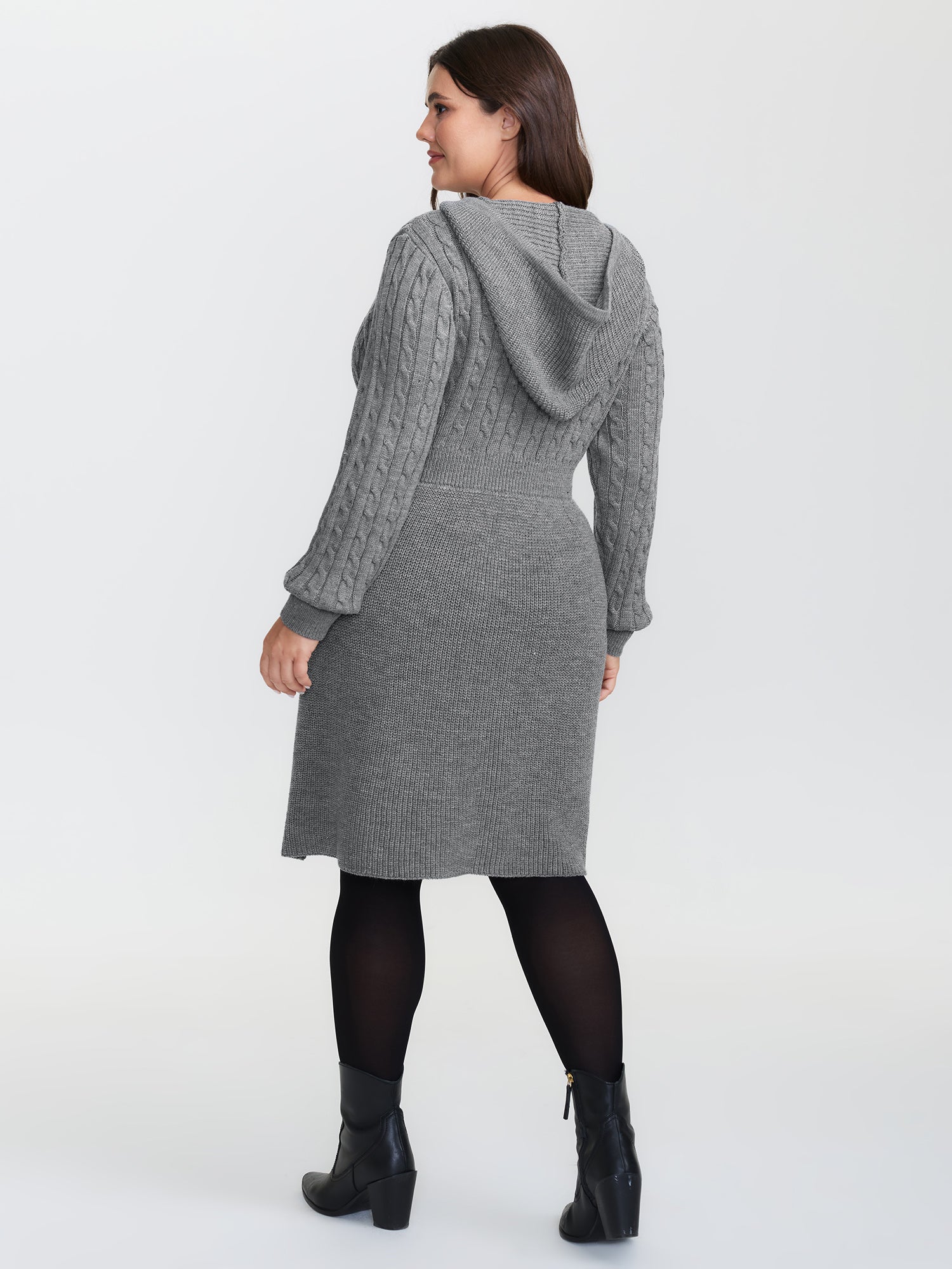 Textured Hooded Waist-Defining Sweater Dress-Sweetccc