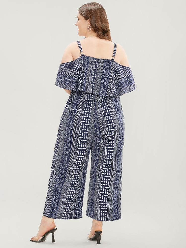 Striped Geometric Pocket Ruffles Cold Shoulder Jumpsuit-Sweetccc