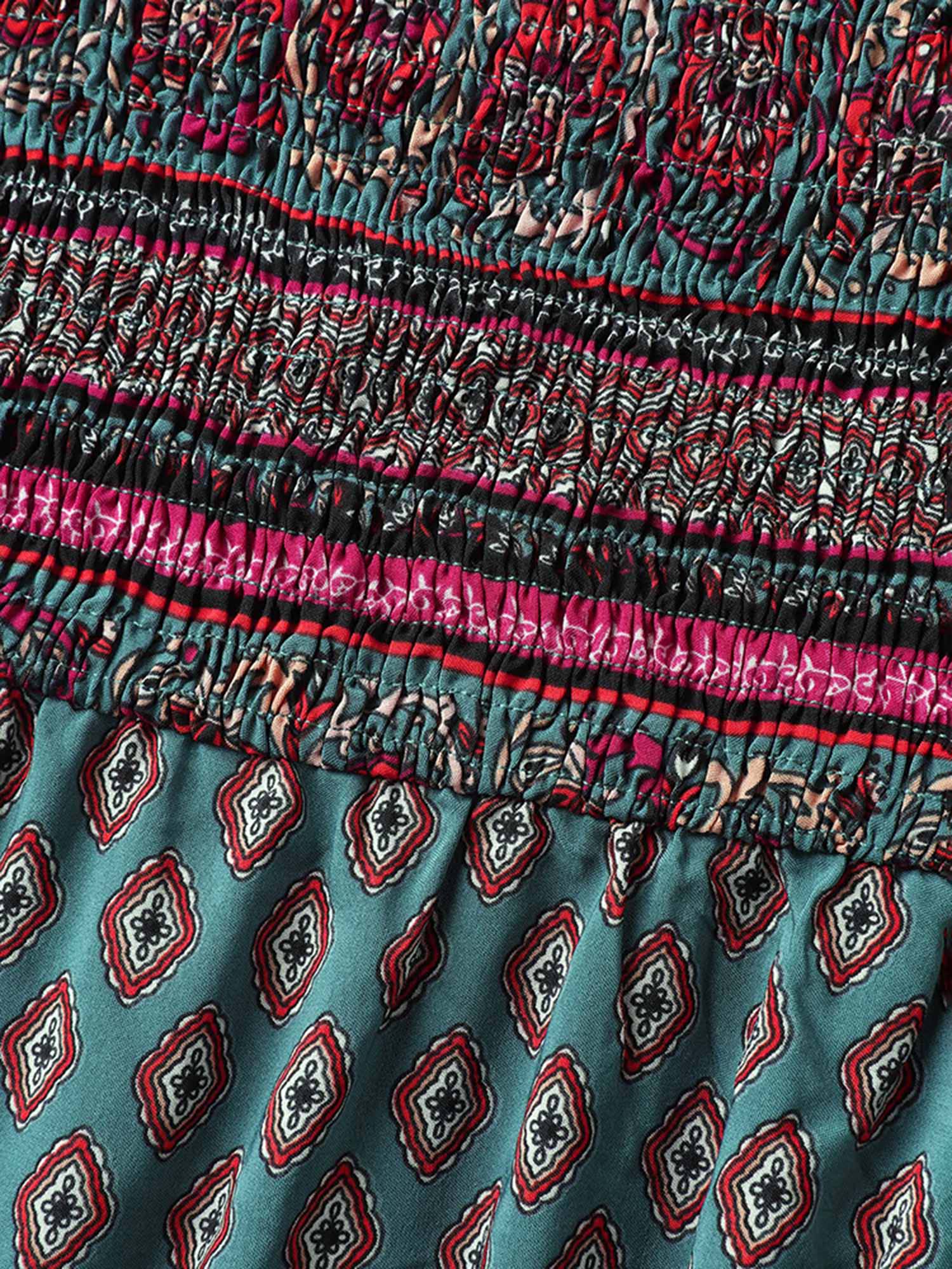 Paisley Print Shirred Bodice Midi Dress-Sweetccc