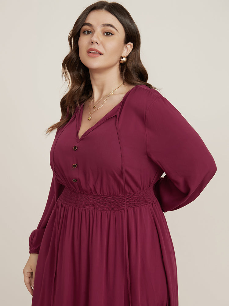 Solid Pocket Button Detail Tie Neck Shirred Ruffles Dress-Sweetccc