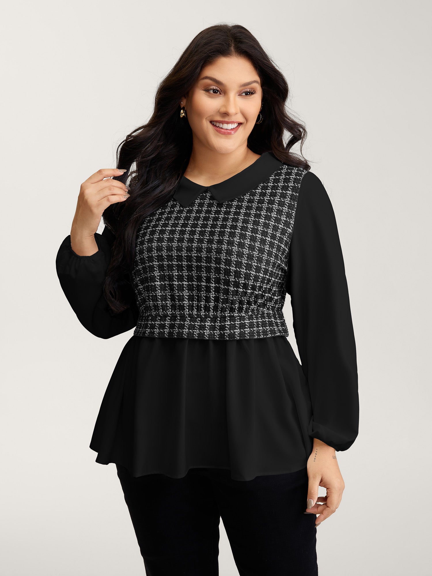 Houndstooth Pattern Color Contrast Blouse-Sweetccc