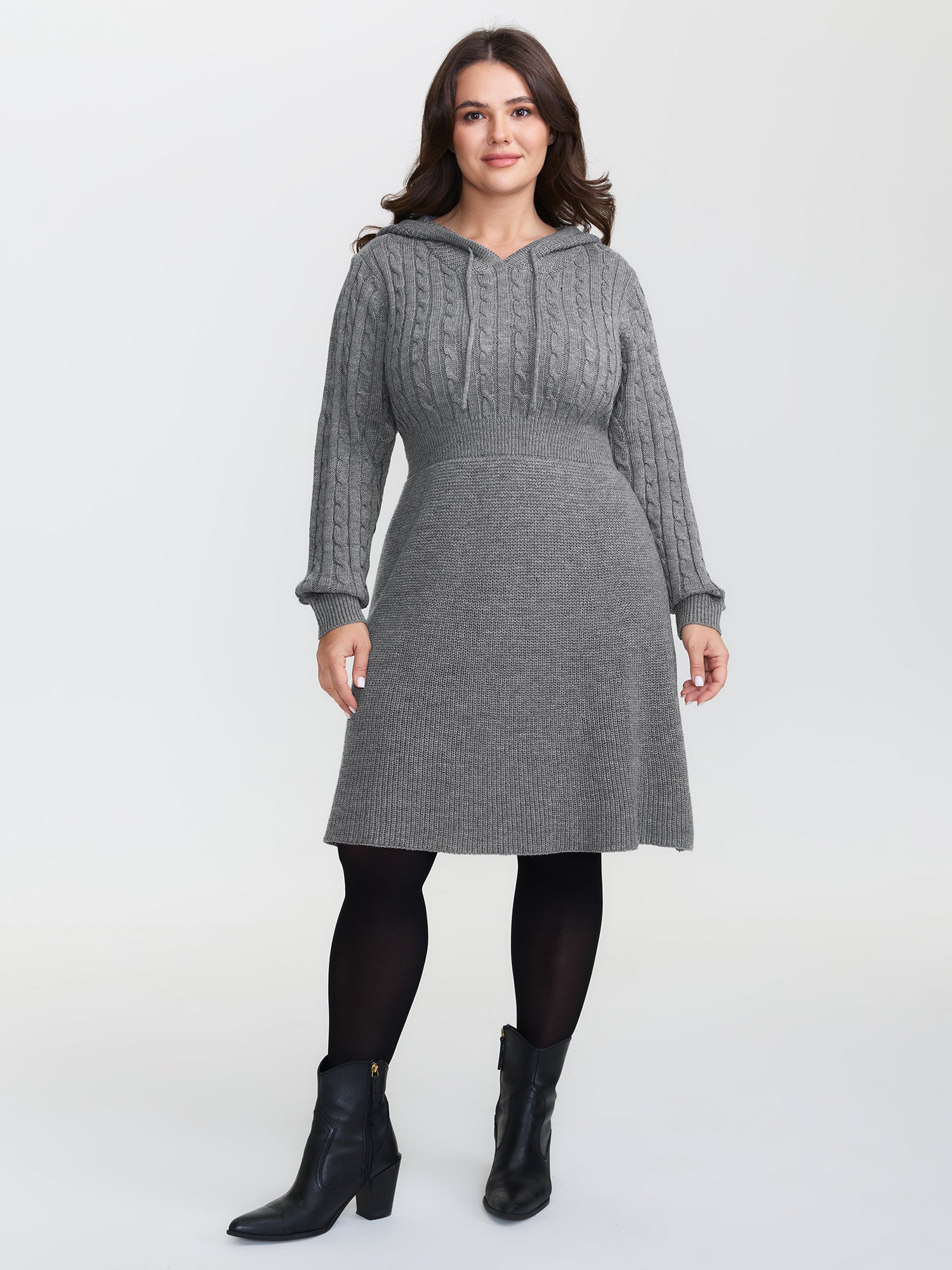 Textured Hooded Waist-Defining Sweater Dress-Sweetccc