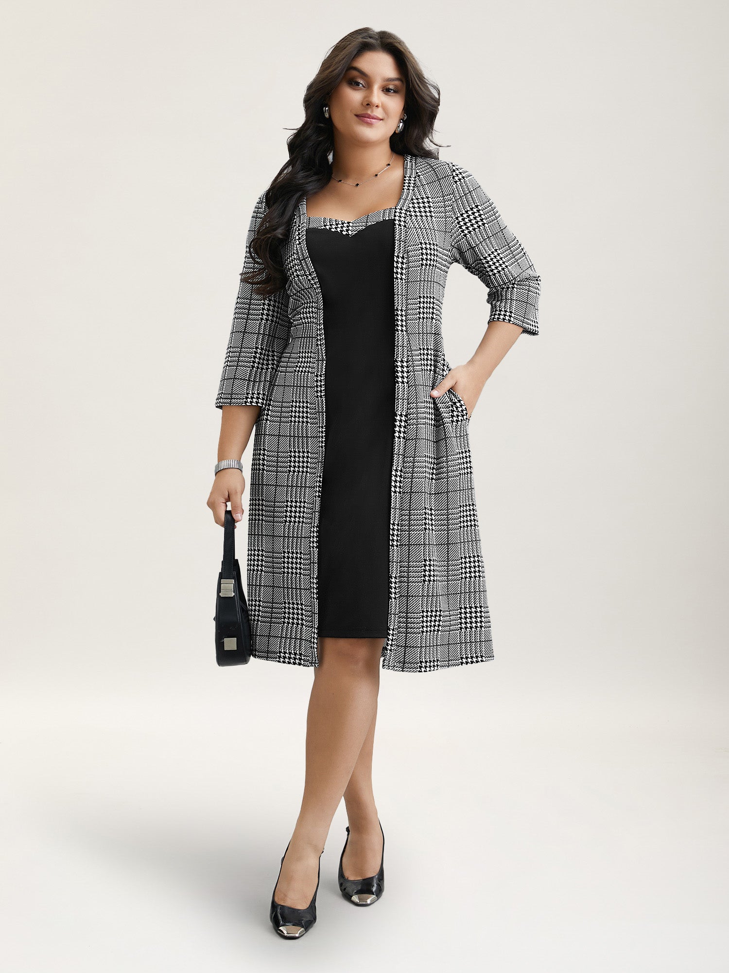 Houndstooth Print Waist-Cinched Patchwork Midi Dress-Sweetccc
