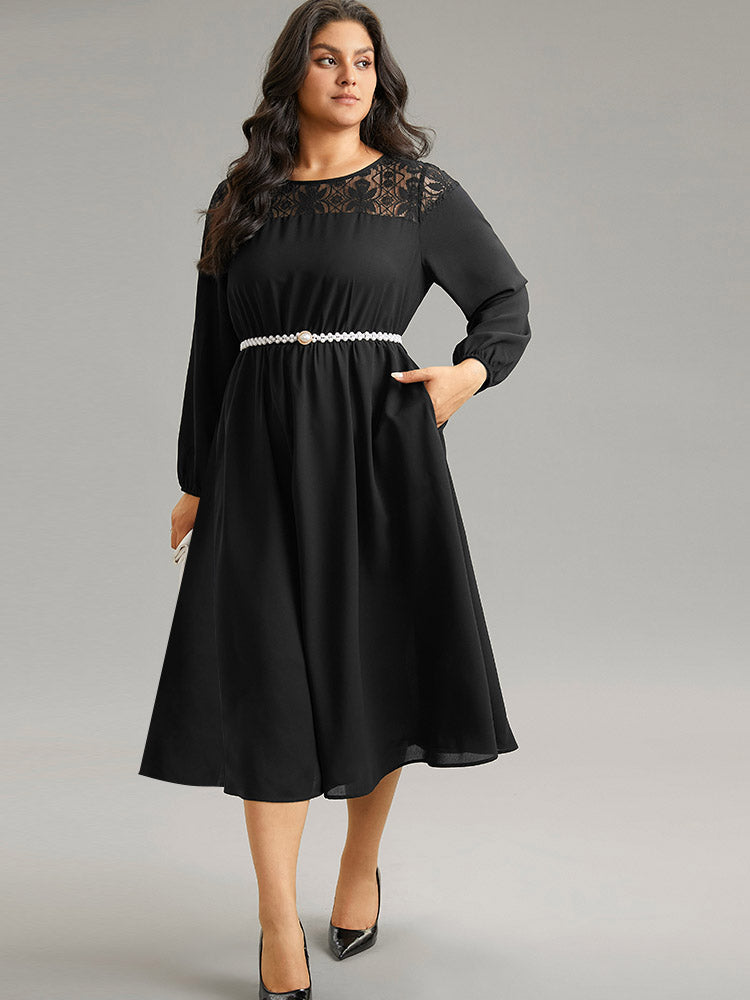 Lace Panel Patchwork Lantern Sleeve Dress-Sweetccc