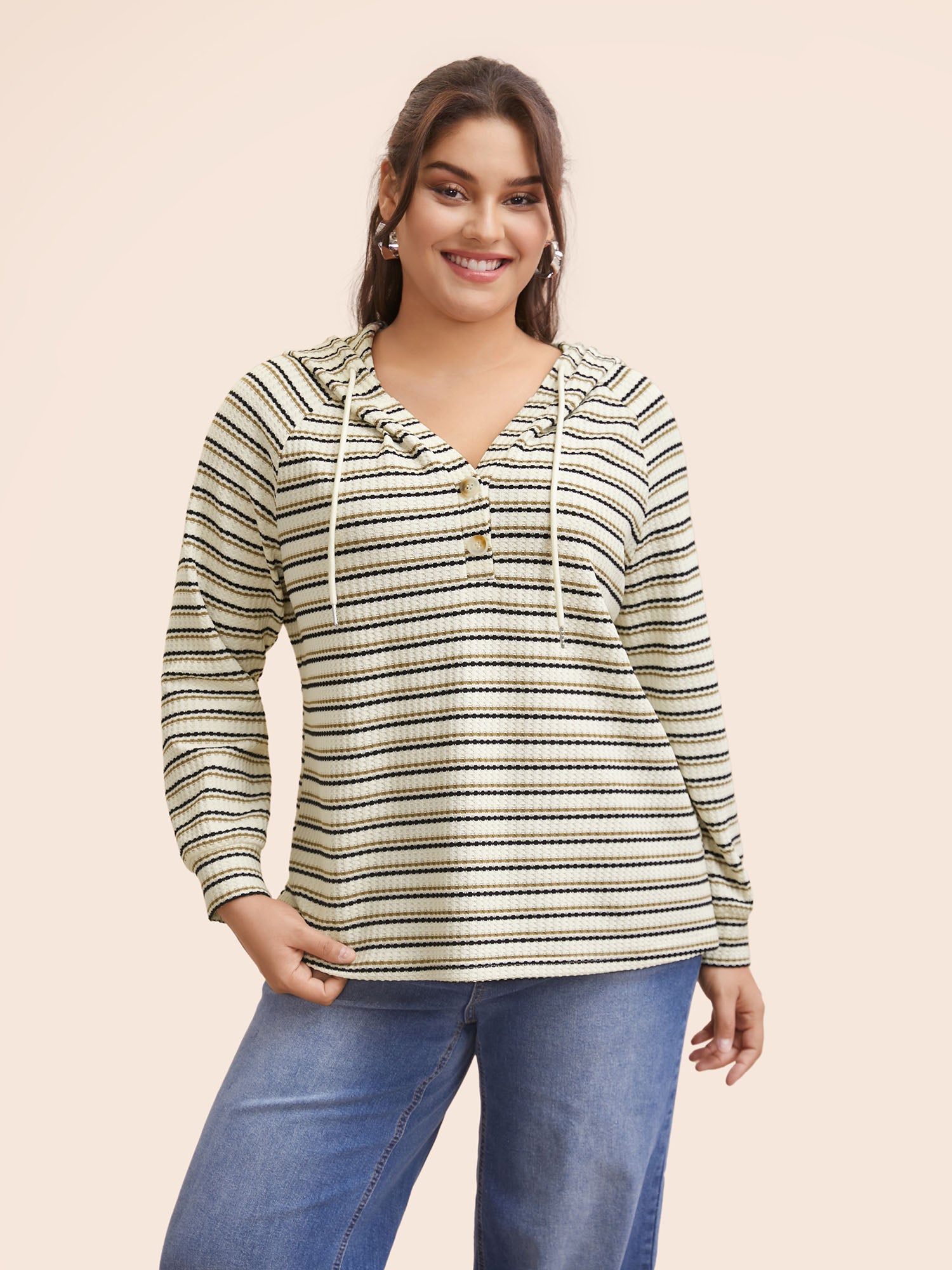 Striped Texture Raglan Sleeve Hooded T-shirt-Sweetccc
