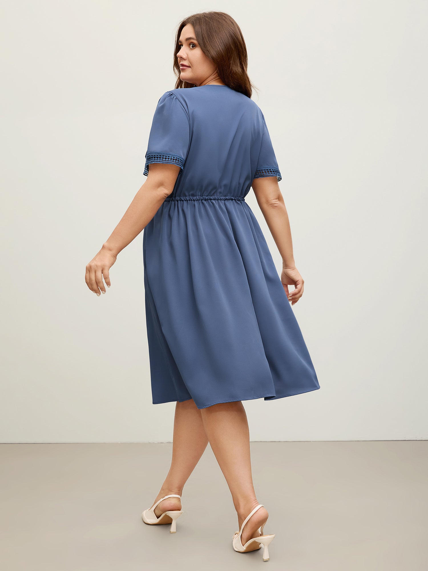 Lace Trim Waist-Drawstring Solid Midi Dress-Sweetccc