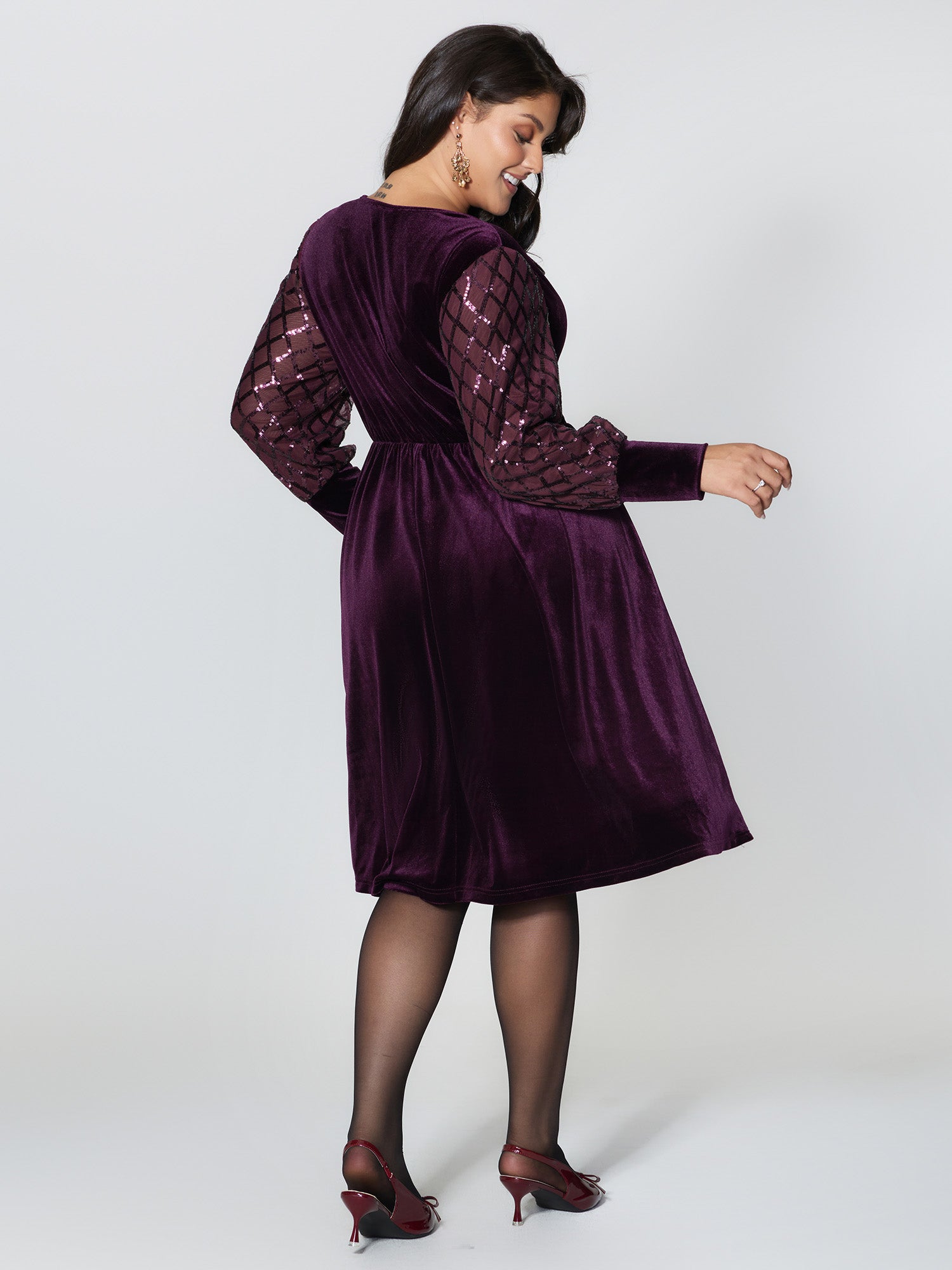 Velvet Sequin Sheer Sleeve Midi Dress-Sweetccc