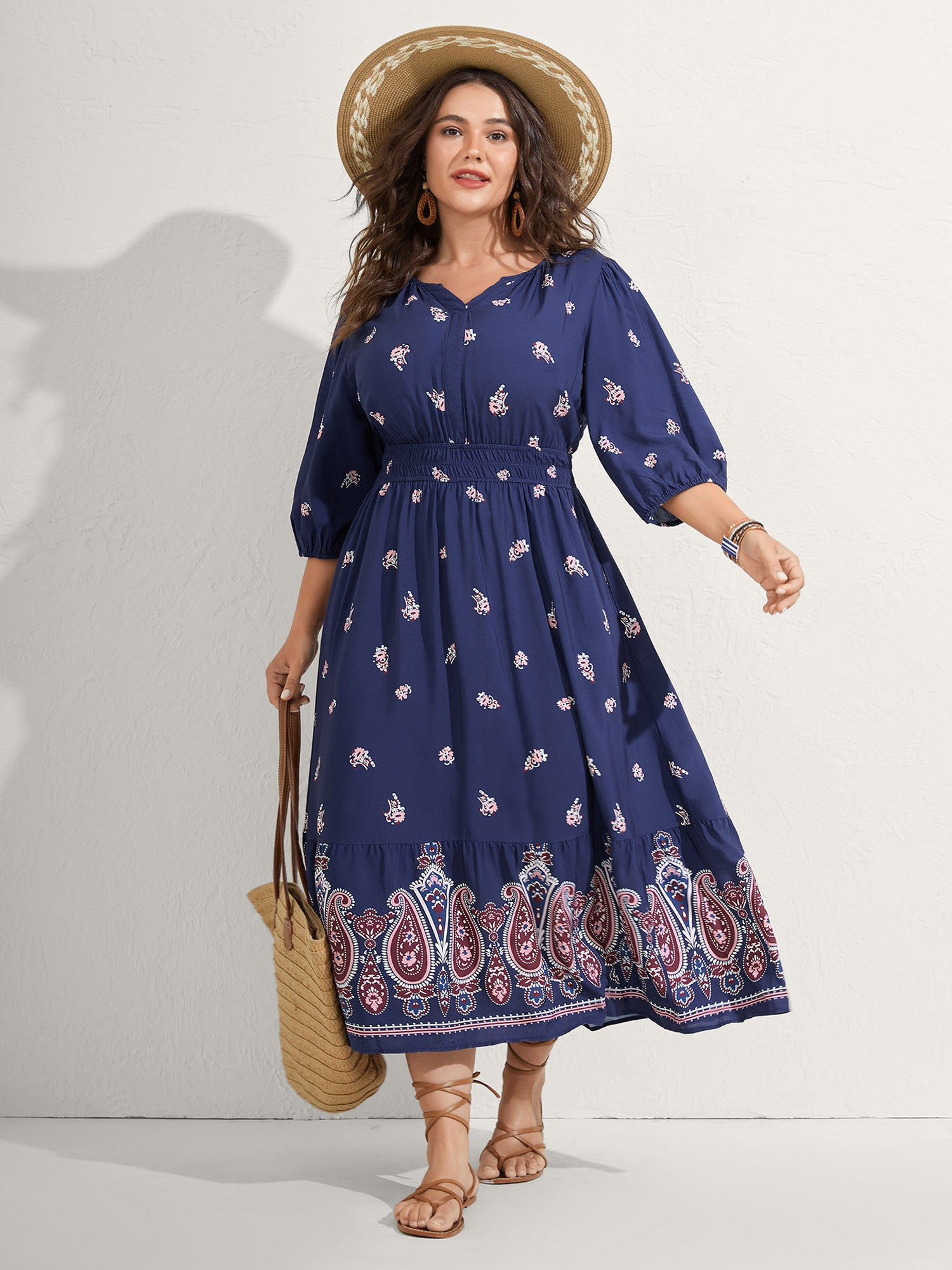 Paisley Print Shirred Waist Midi Dress-Sweetccc