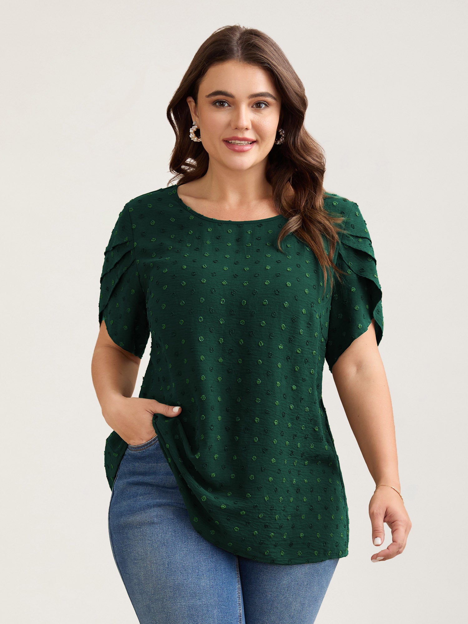 Textured Color Contrast Petal Sleeve Blouse-Sweetccc