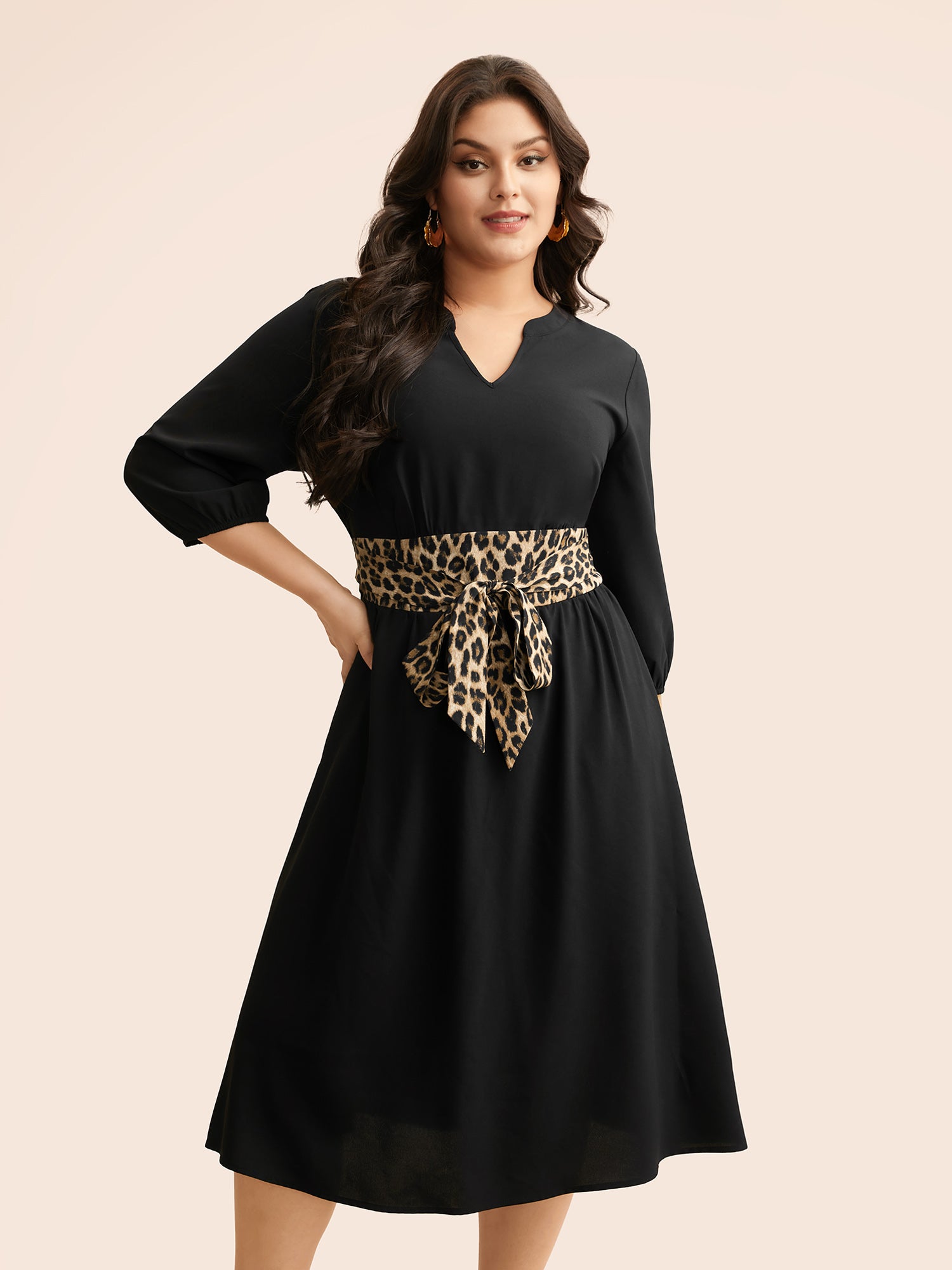 Notched Collar Leopard Print Patchwork Dress-Sweetccc