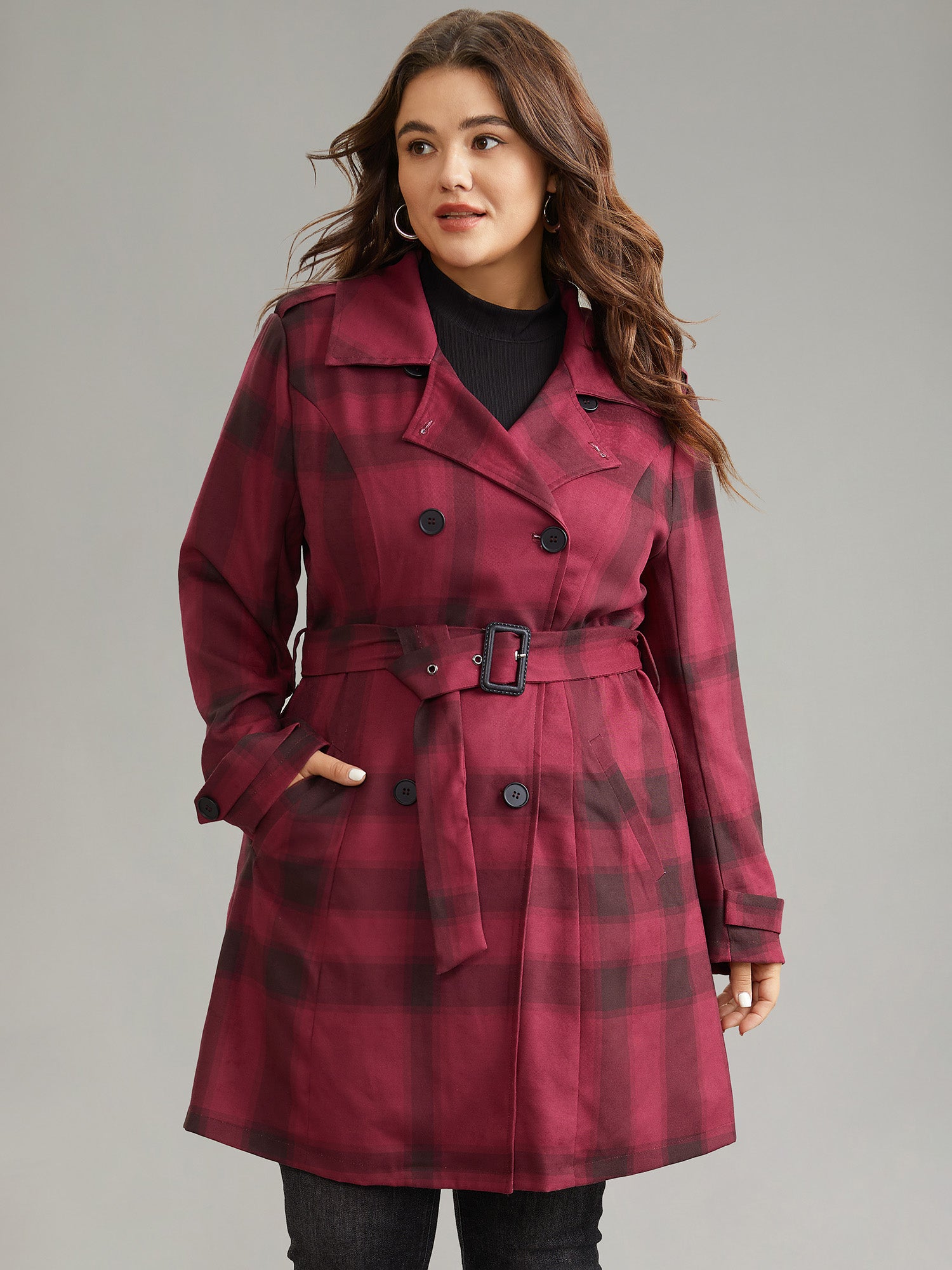 Lapel Collar Plaid Belted Double Breasted Coat-Sweetccc