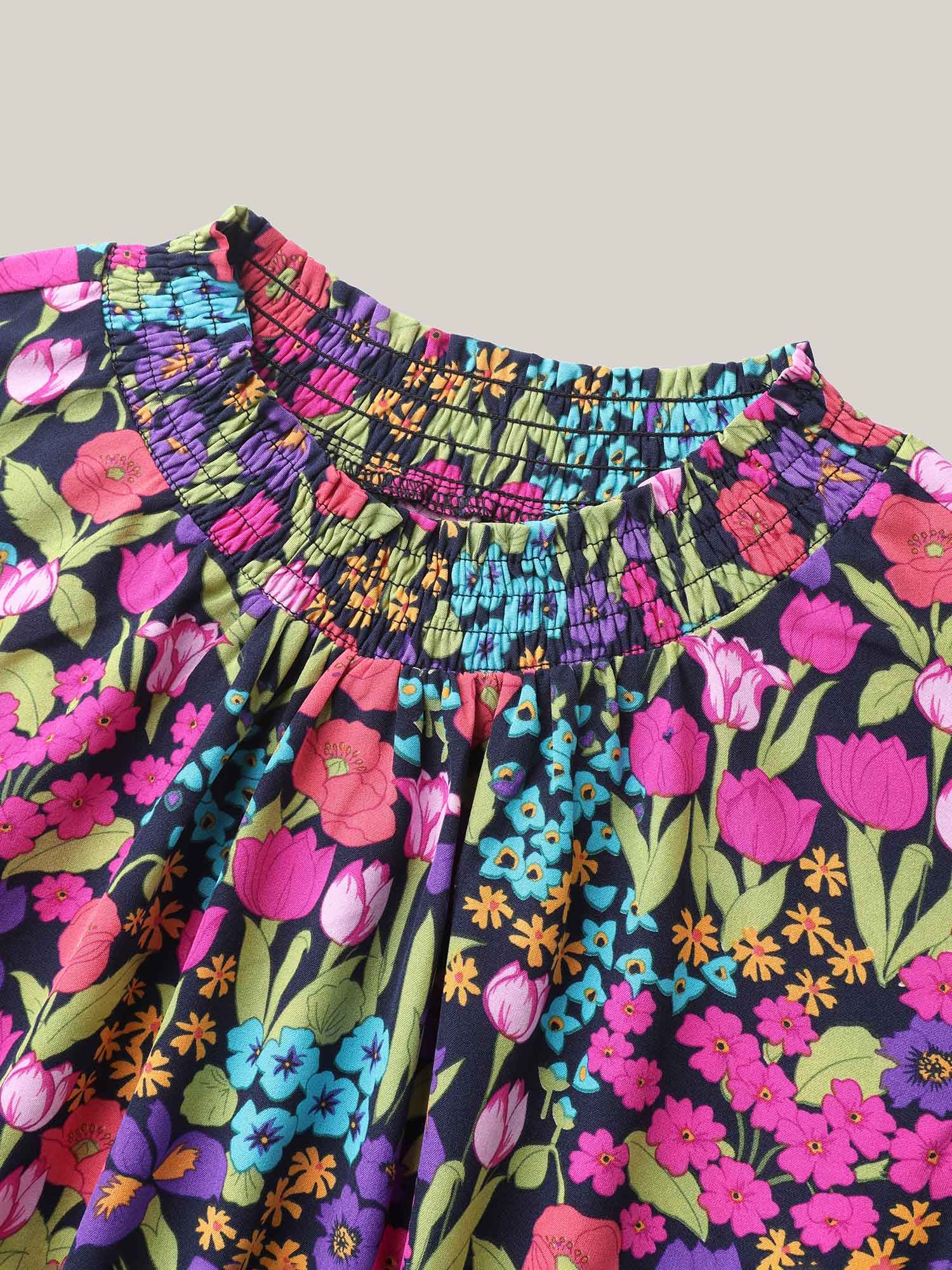 Floral Print Shirred Pockets Midi Dress-Sweetccc