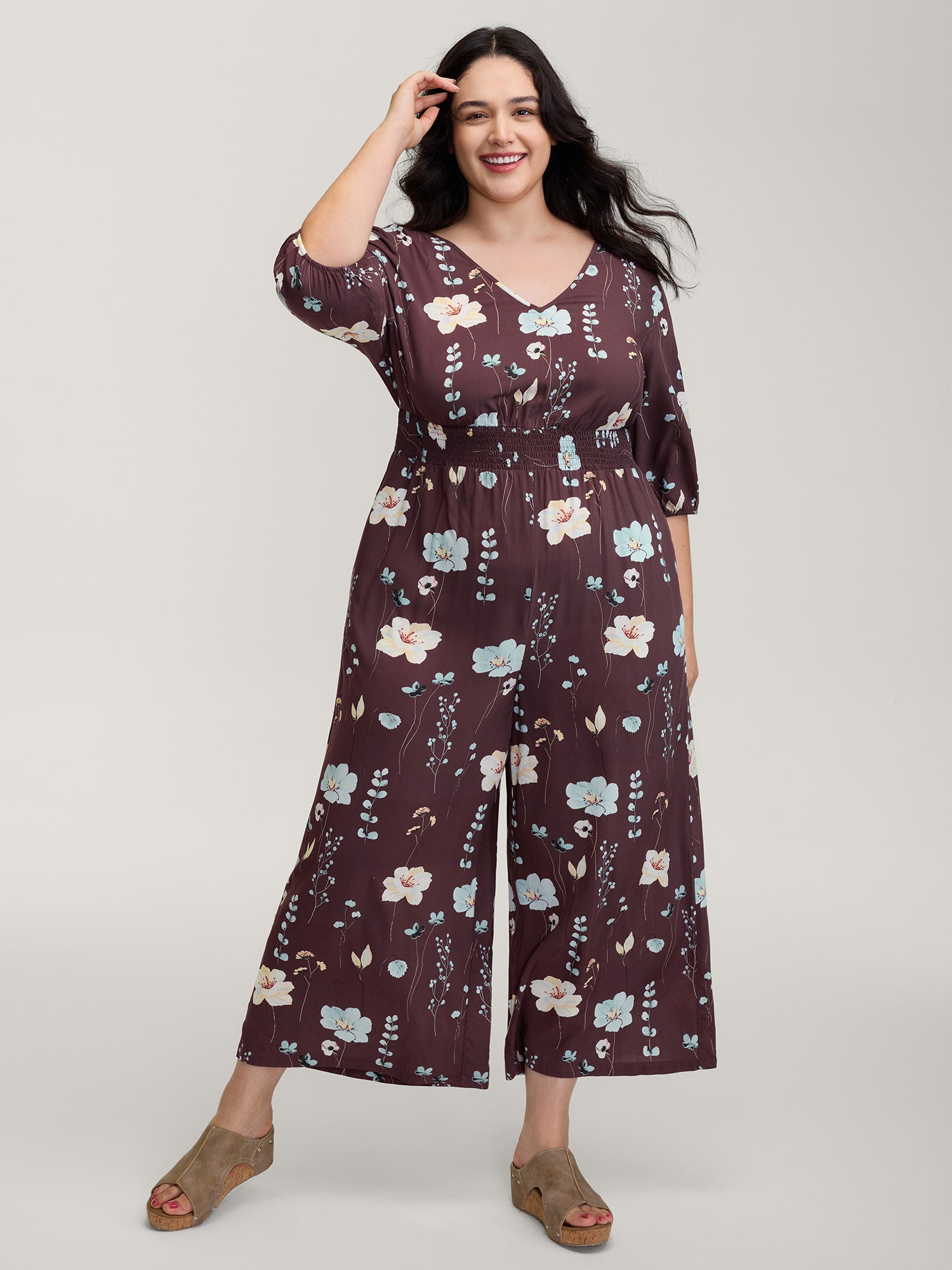 Floral Branch Print Shirred Waist Jumpsuit-Sweetccc