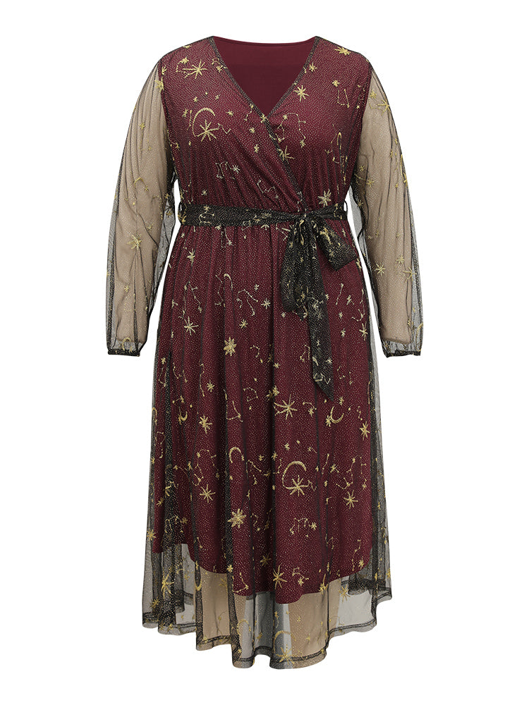 Moon & Star Embroidered Mesh Wrap Dress-Sweetccc