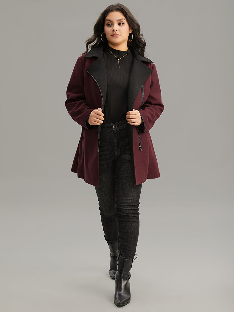 Lapel Collar Contrast Patchwork Zipper Belted Coat-Sweetccc