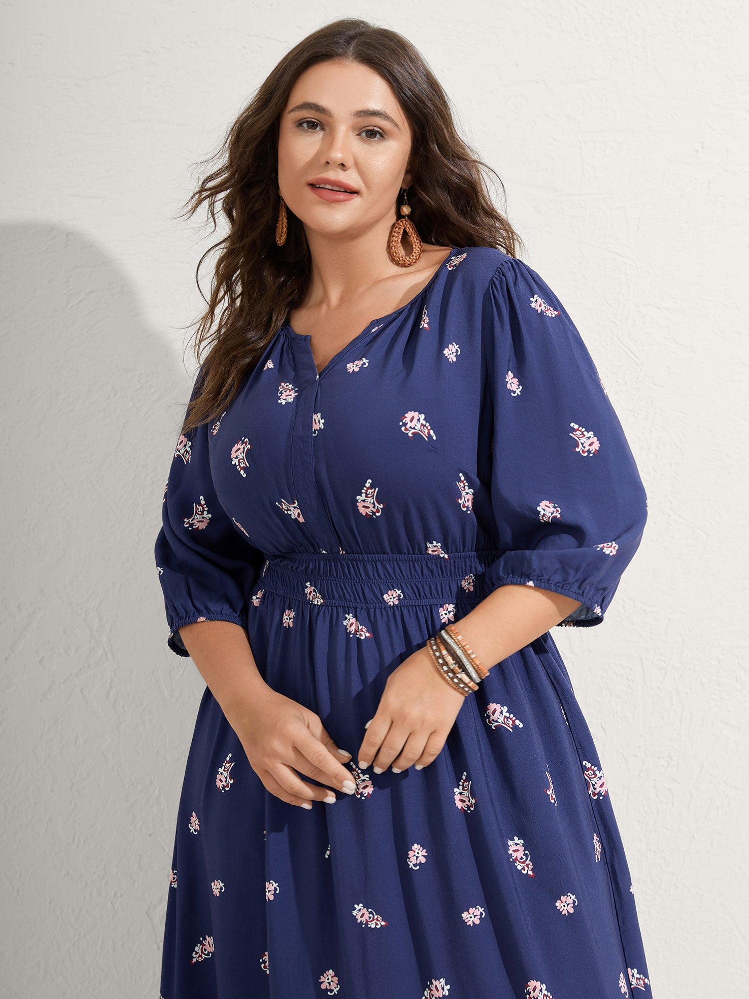 Paisley Print Shirred Waist Midi Dress-Sweetccc