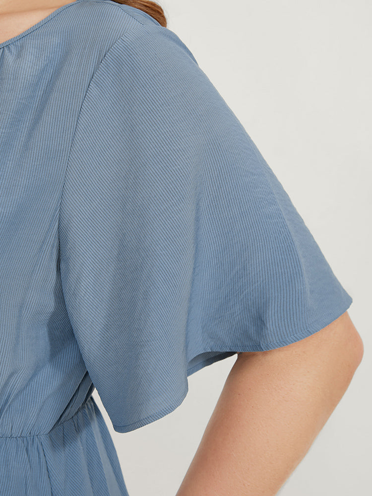 Solid Keyhole Round Neck Pocket Ruffle Trim Rib Knit Dress-Sweetccc