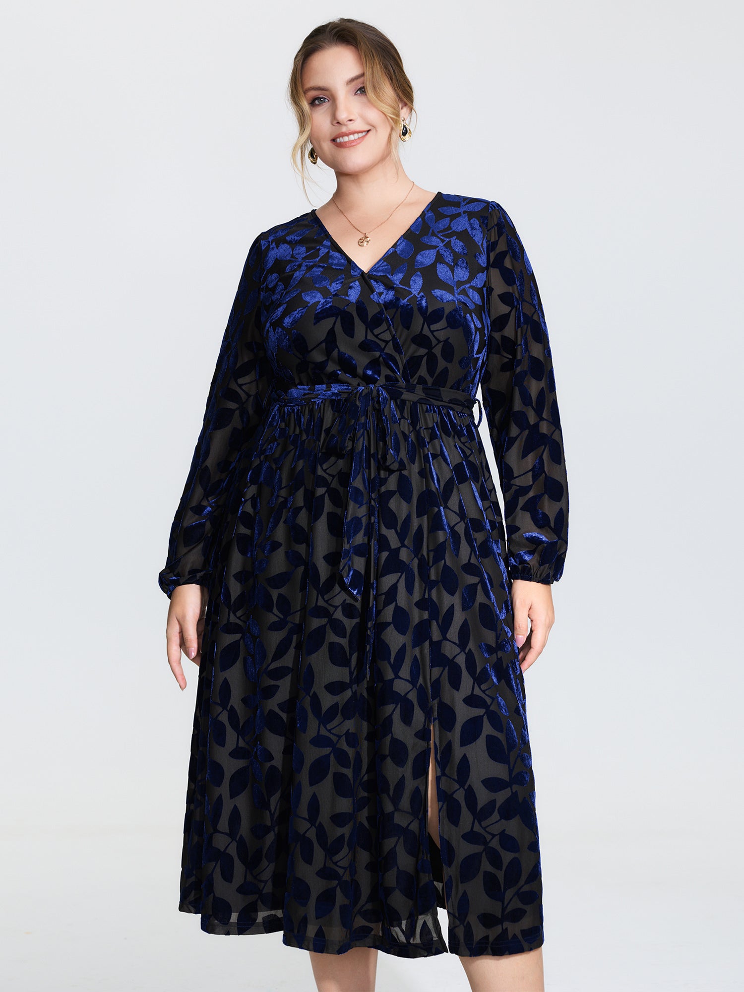 Velvet Laser Cut Faux Wrap Midi Dress-Sweetccc