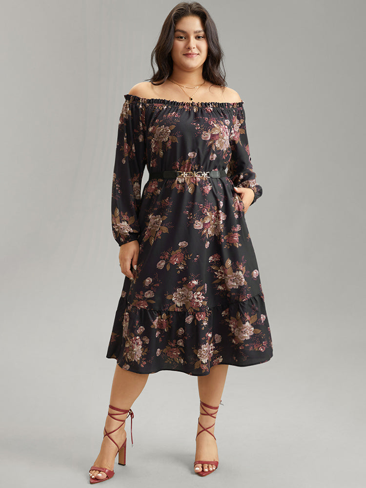 Off Shoulder Floral Frill Trim Lantern Sleeve Dress-Sweetccc