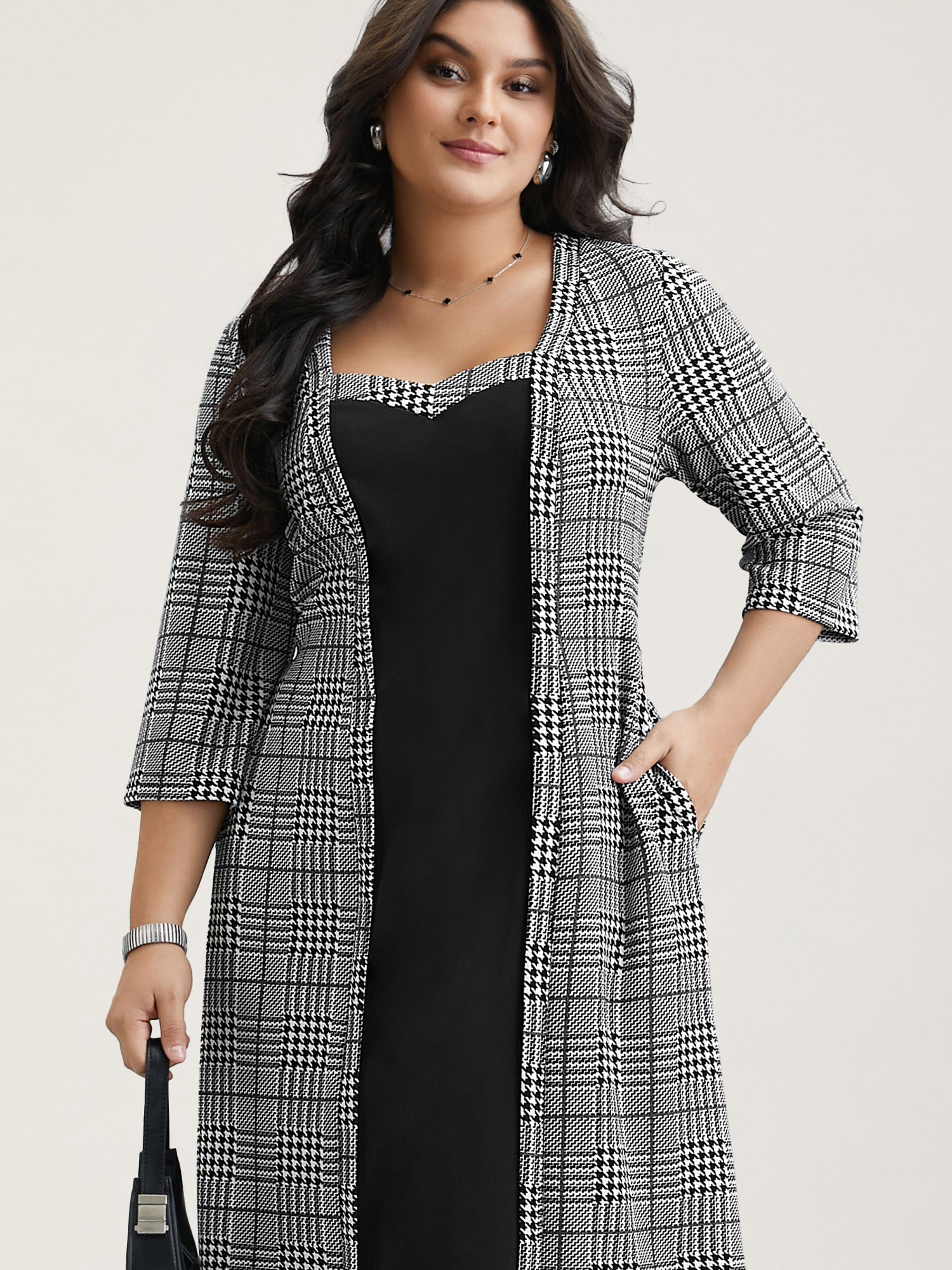 Houndstooth Print Waist-Cinched Patchwork Midi Dress-Sweetccc