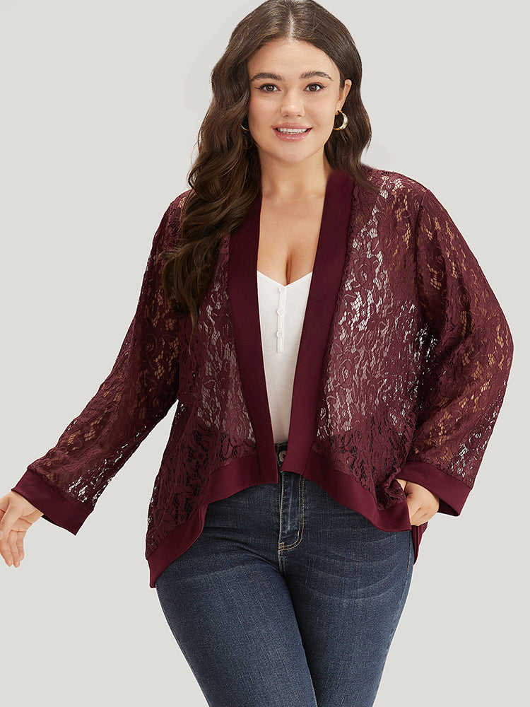 Supersoft Essentials Crochet Lace Mesh Open Front Asymmetrical Hem Kimono-Sweetccc