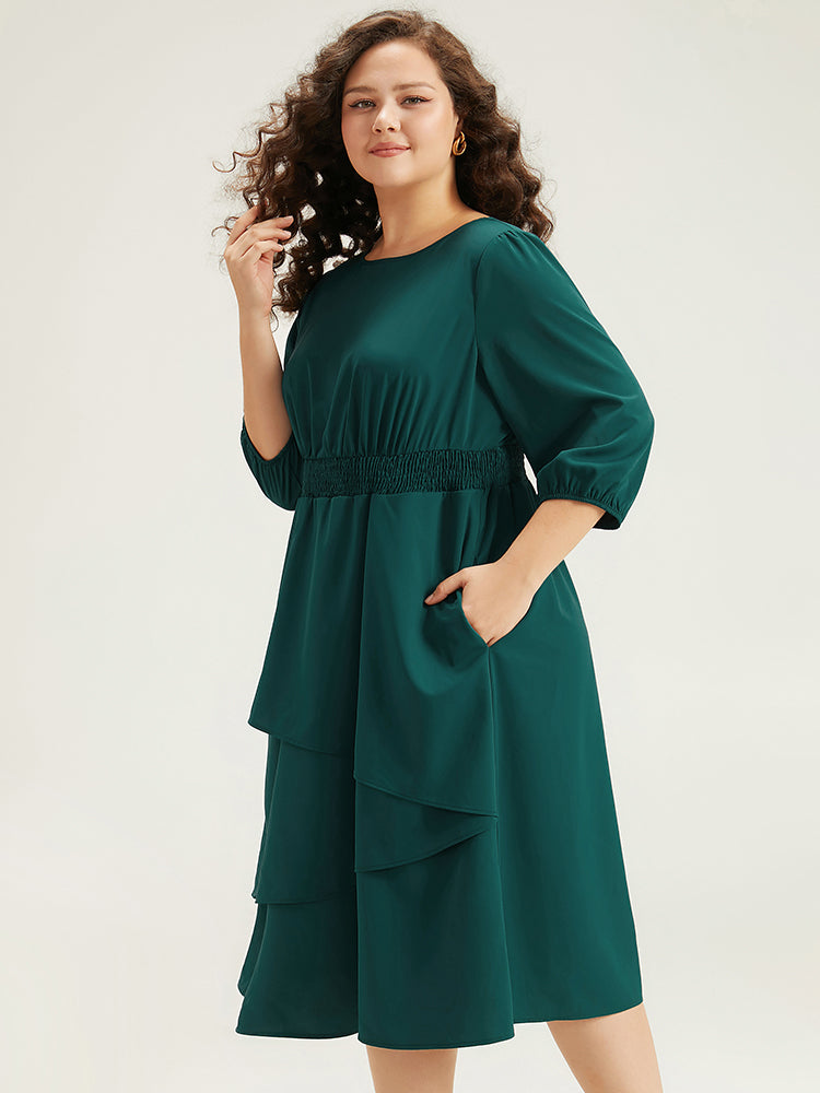 Twill Flutter Shirred Asymmetrical Layered Hem Dress-Sweetccc