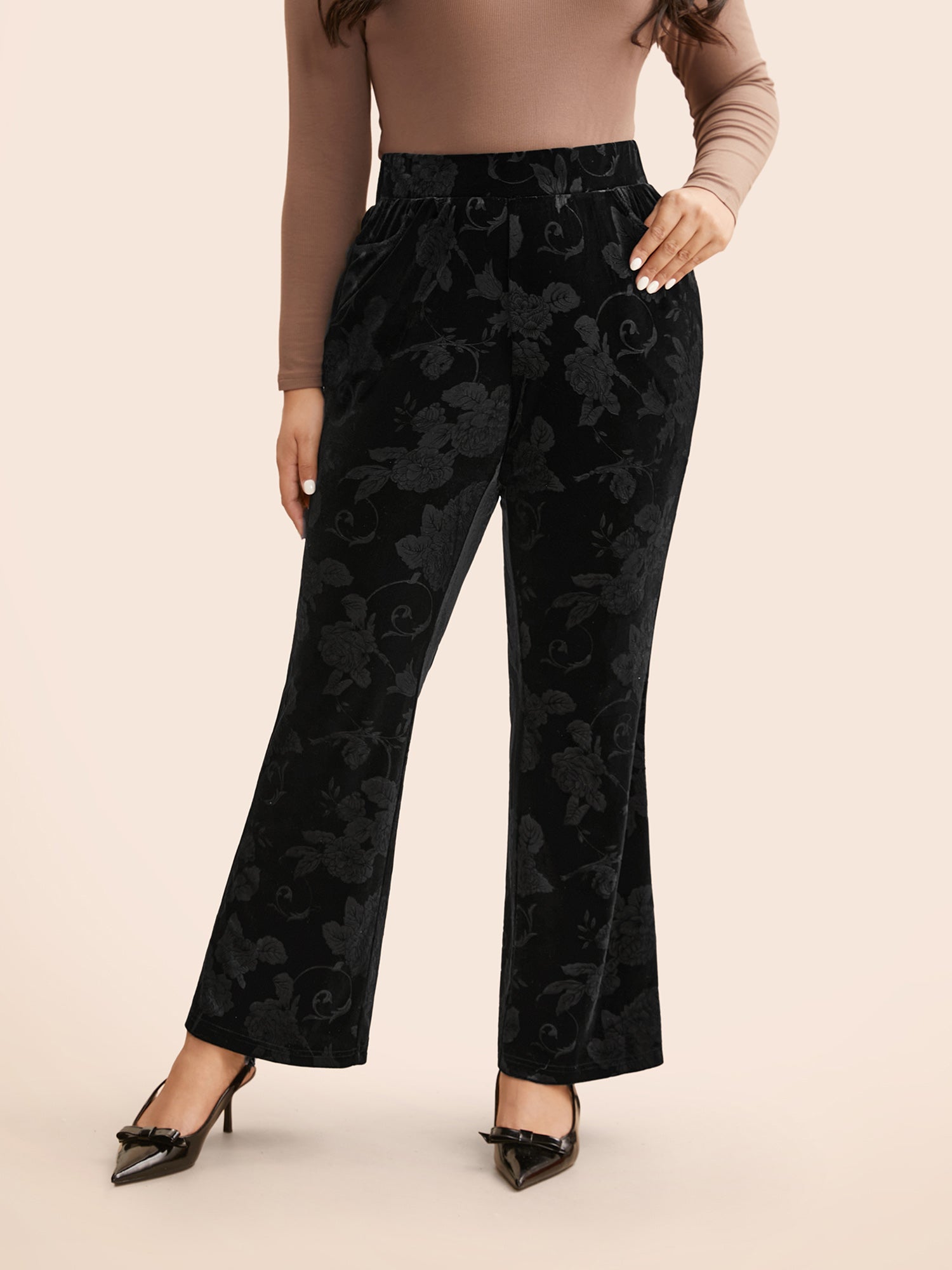 Velvet Floral Mid Rise Bootcut Leggings-Sweetccc