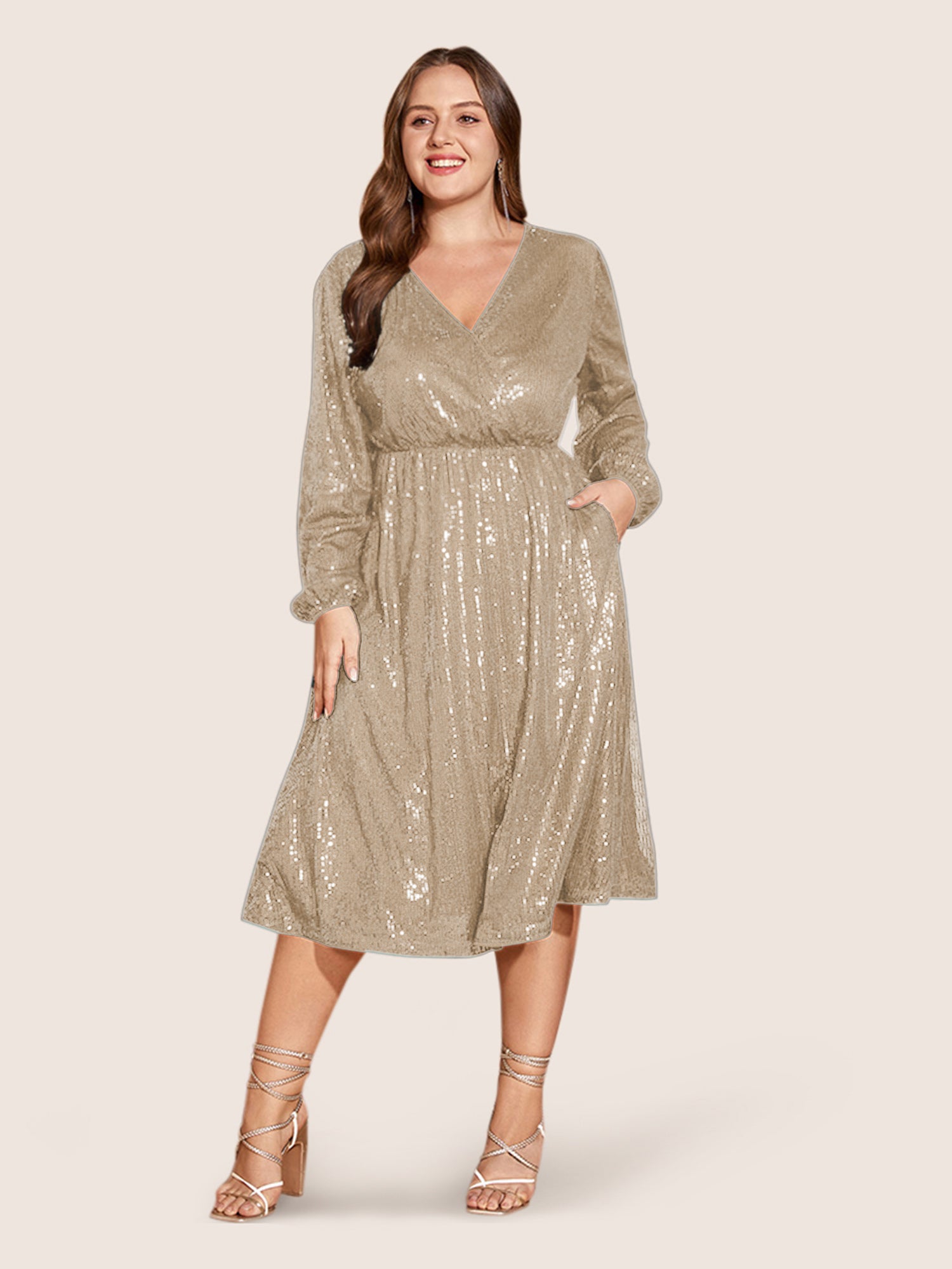 Solid Pocket Lantern Sleeve Wrap Sequin Dress-Sweetccc