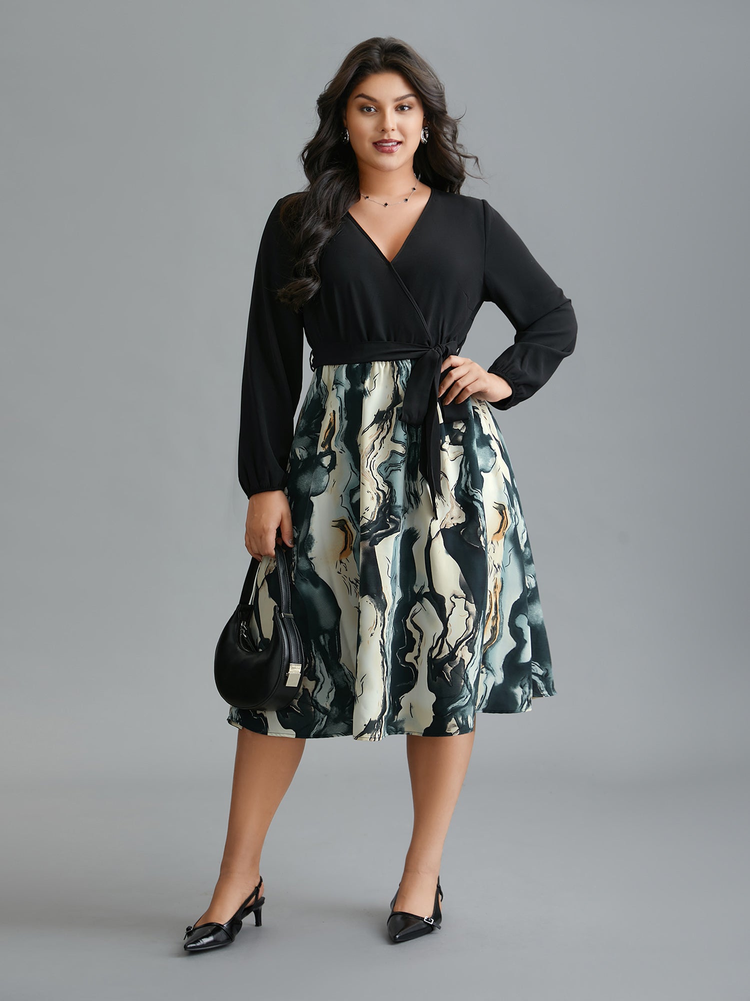 Surplice Neck Marble Print Belted Dress-Sweetccc