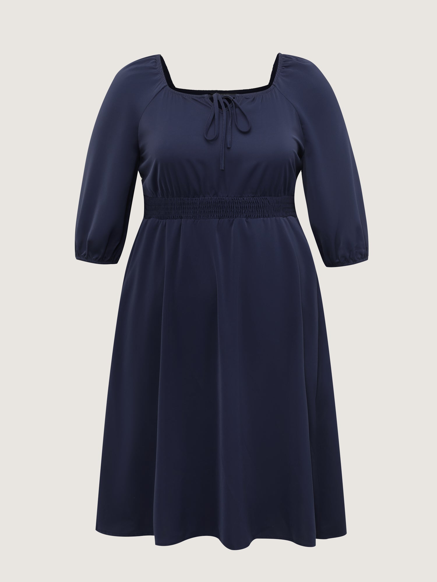 Neck-Tie Lantern Sleeve Shirred Midi Dress-Sweetccc