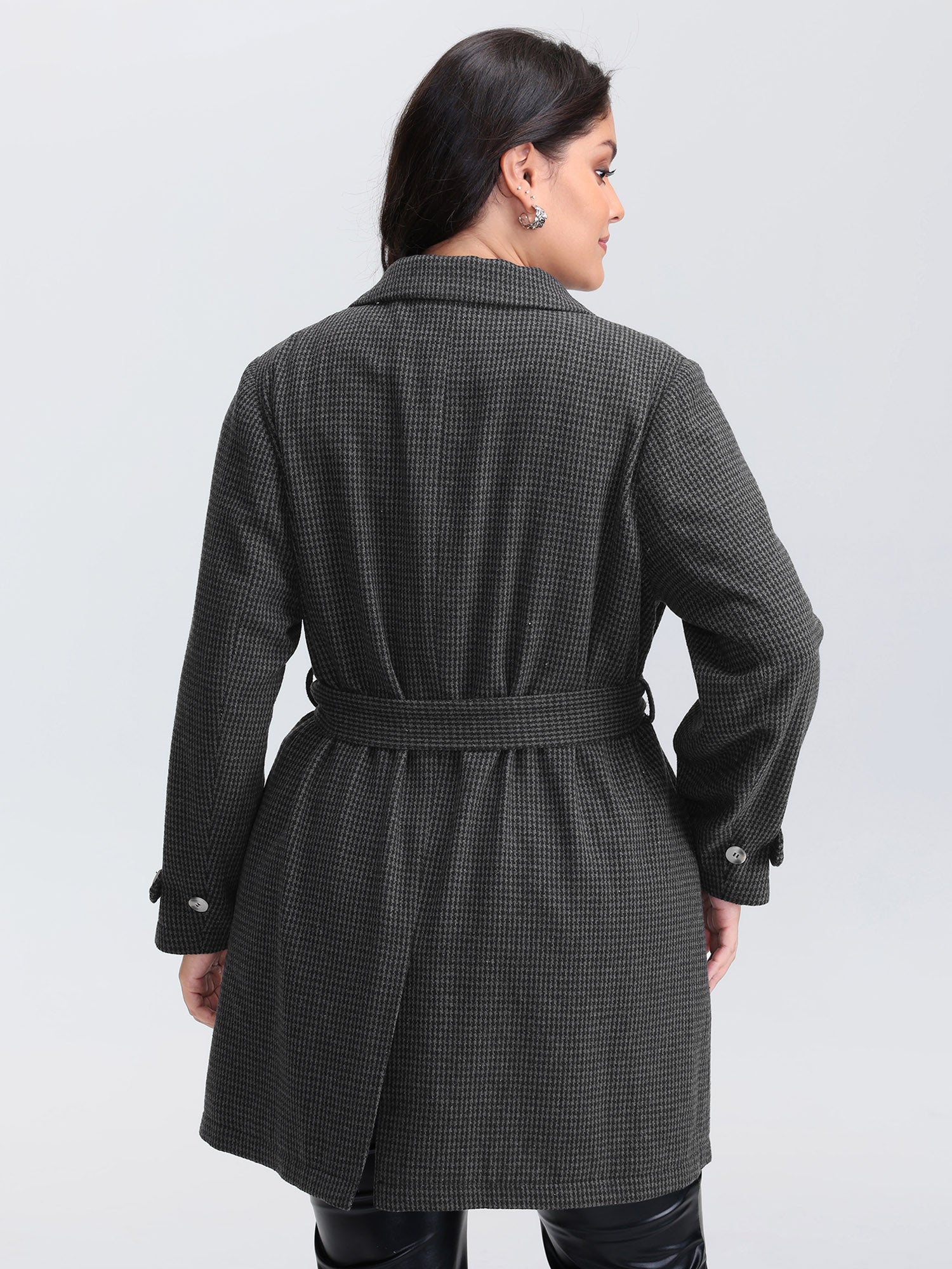 Houndstooth Button Detail Belted Coat-Sweetccc