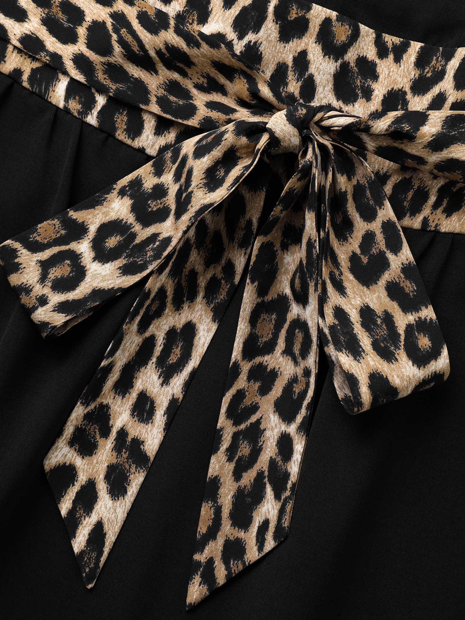 Notched Collar Leopard Print Patchwork Dress-Sweetccc