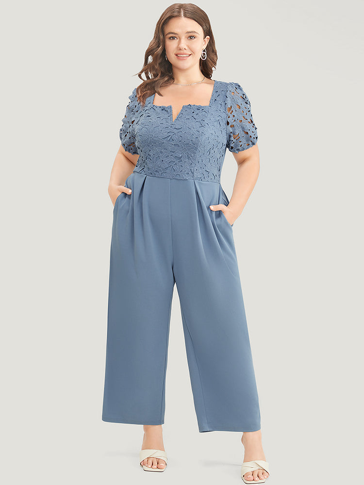 Solid Lace Notched Square Neck Pocket Pleated Jumpsuit-Sweetccc