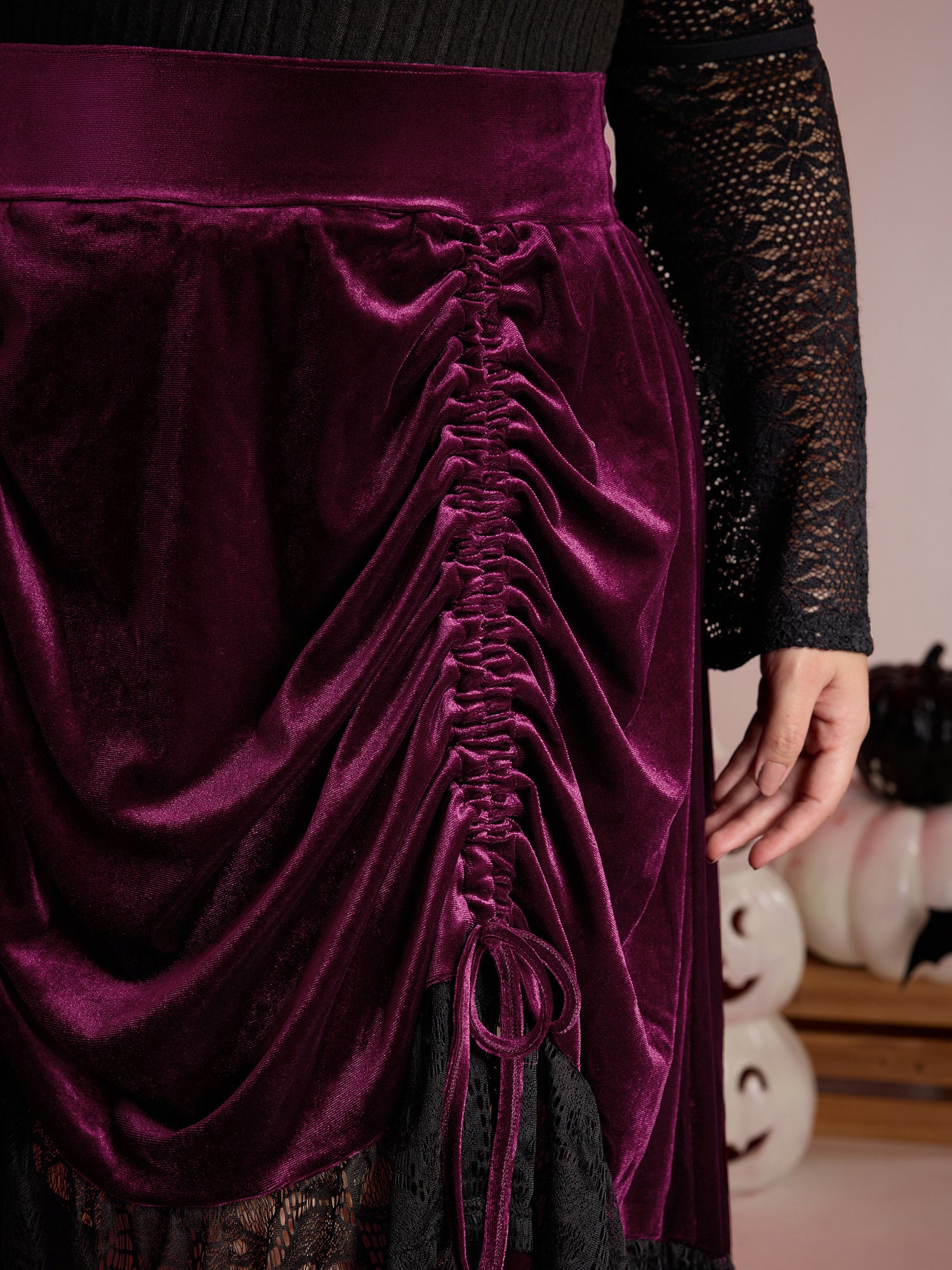 Velvet Lace Ruffled Gathered Midi Skirt-Sweetccc