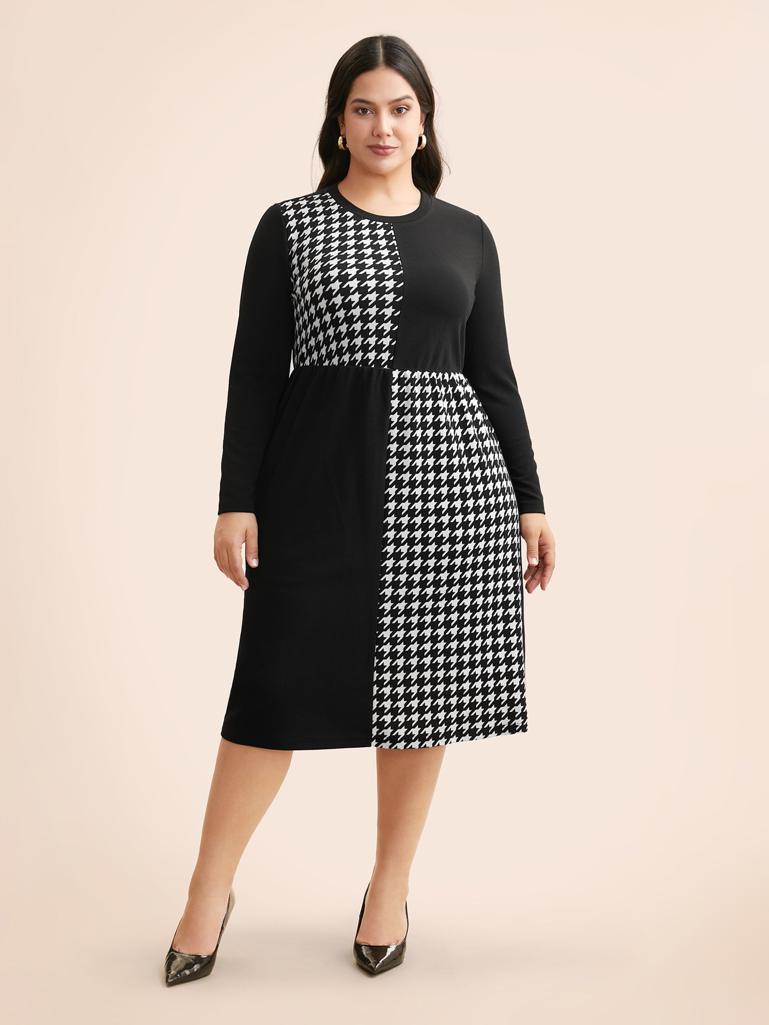 Houndstooth Patchwork Elastic Waist Dress-Sweetccc