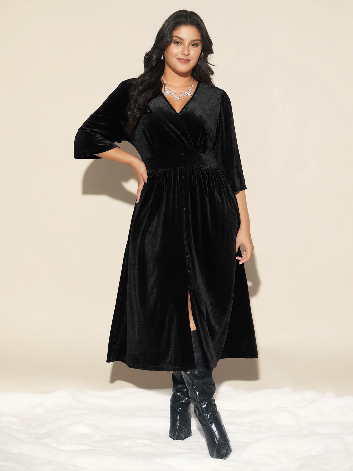 Velvet Ruched Surplice Neckline Midi Dress-Sweetccc