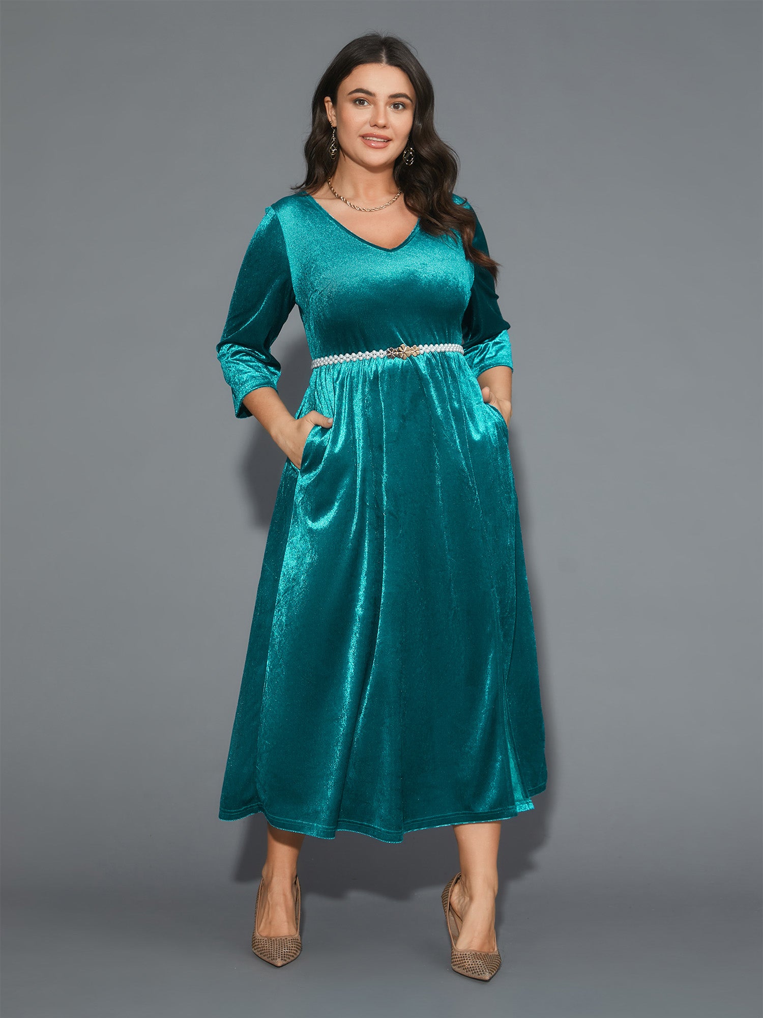 Velvet V-Neck Side Slit Maxi Dress-Sweetccc