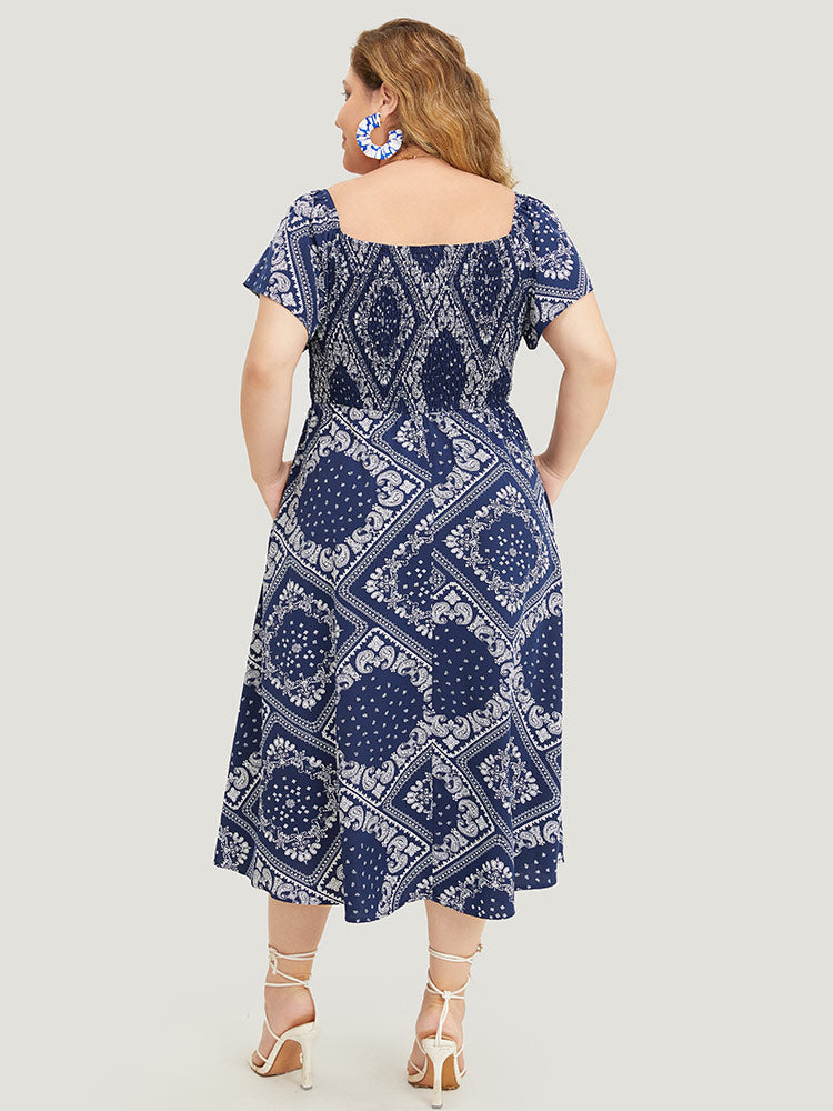 Paisley & Moroccan Print Pocket Shirred Square Neck Split Dress-Sweetccc