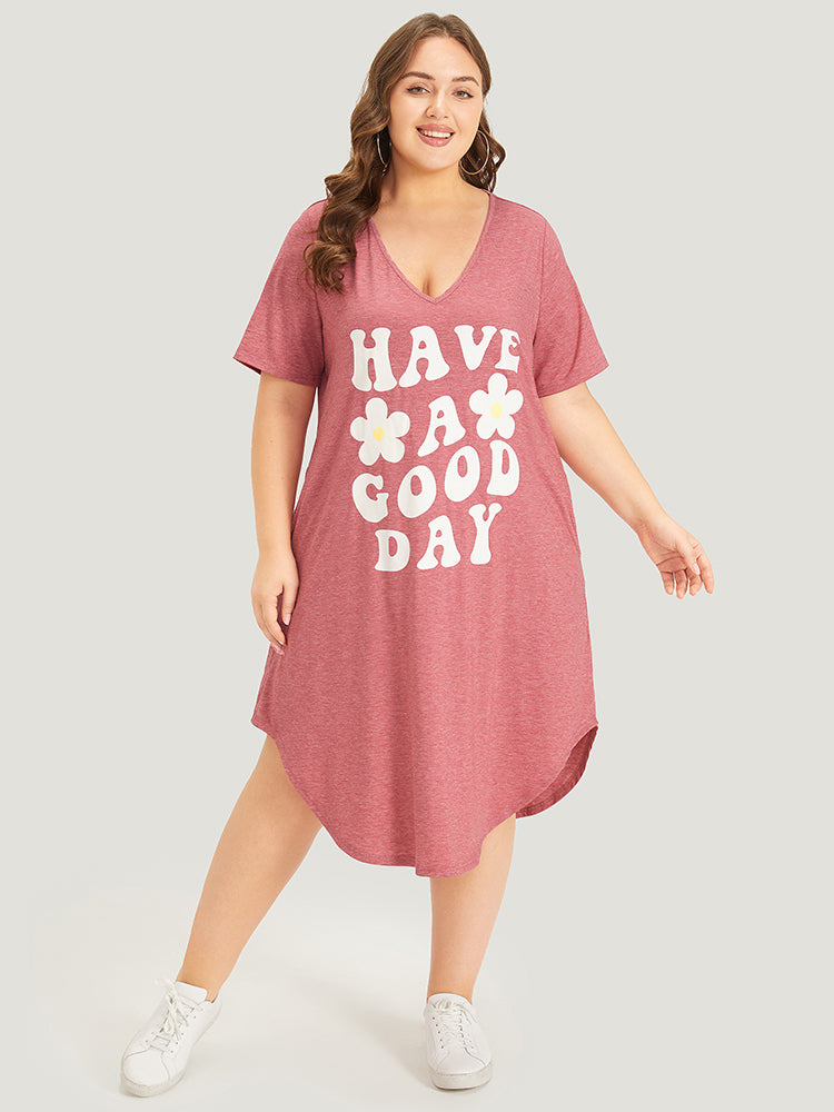 Supersoft Essentials Letter & Floral Print V Neck Curved Hem Dress-Sweetccc
