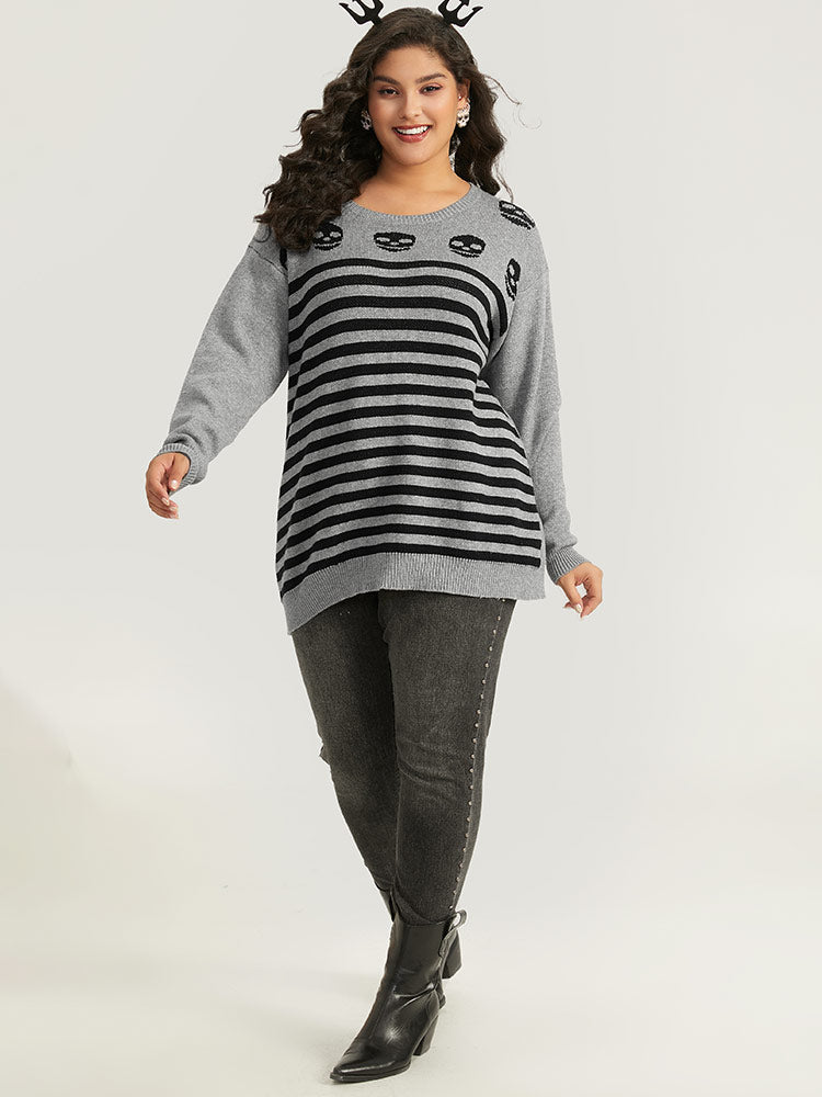 Halloween Supersoft Essentials Skull Print Striped Round Neck Pullover-Sweetccc