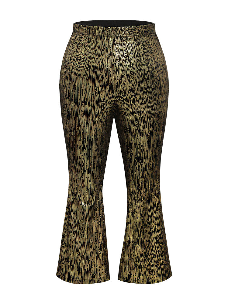 Velvet Striped Elastic Waist Flare Leg Pants-Sweetccc