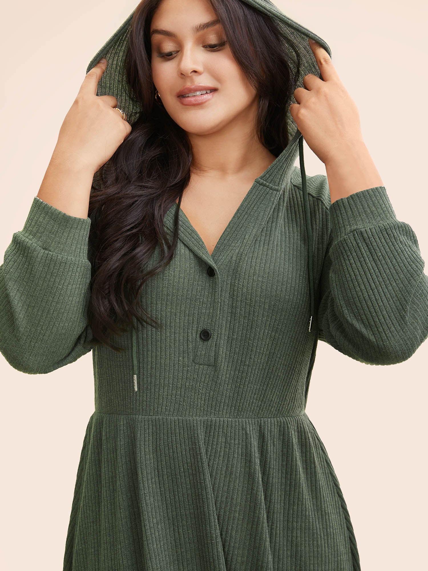 Texture Drawstring Hooded Pocket Dress-Sweetccc