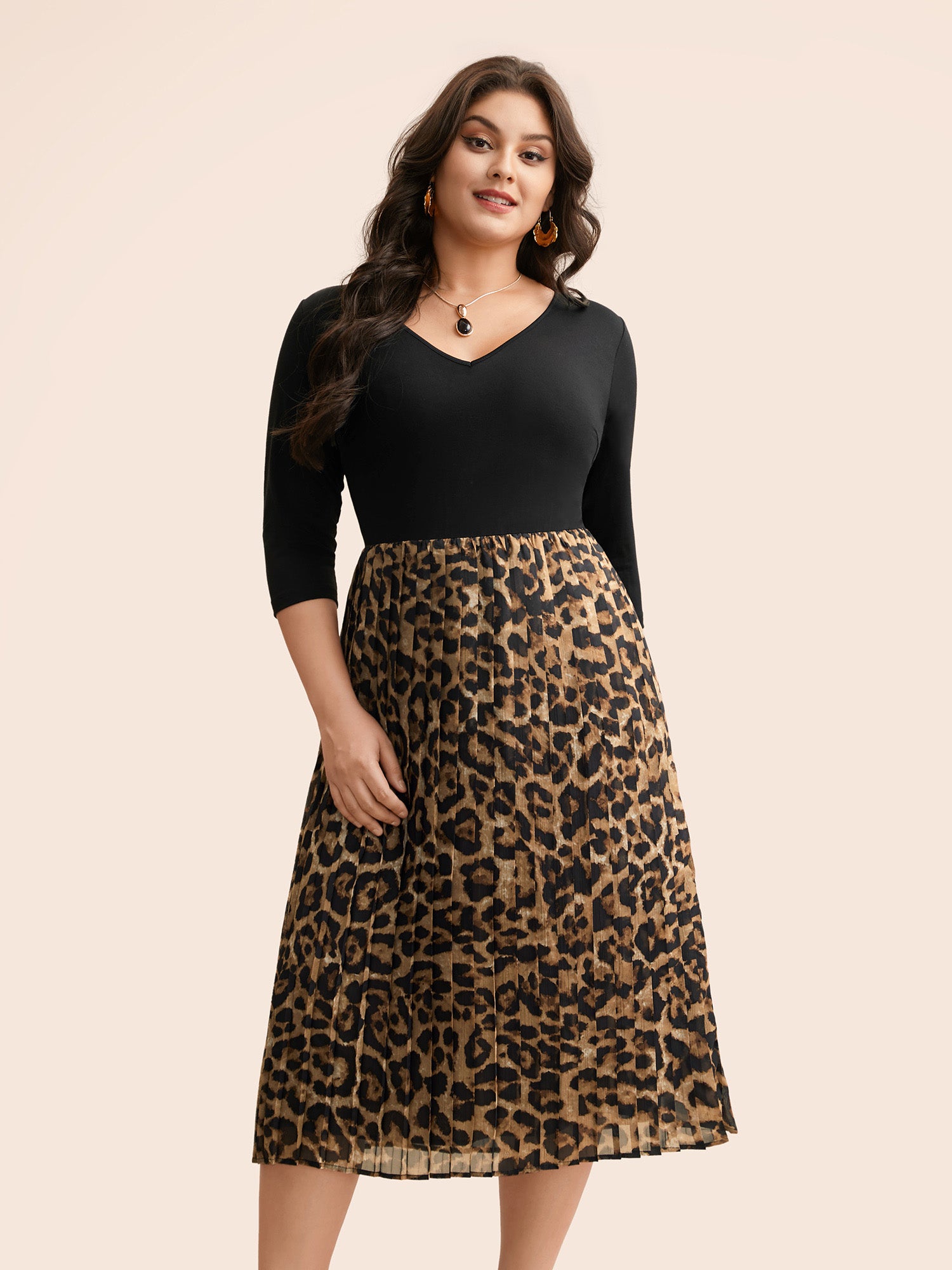 V Neck Leopard Print Patchwork Dress-Sweetccc