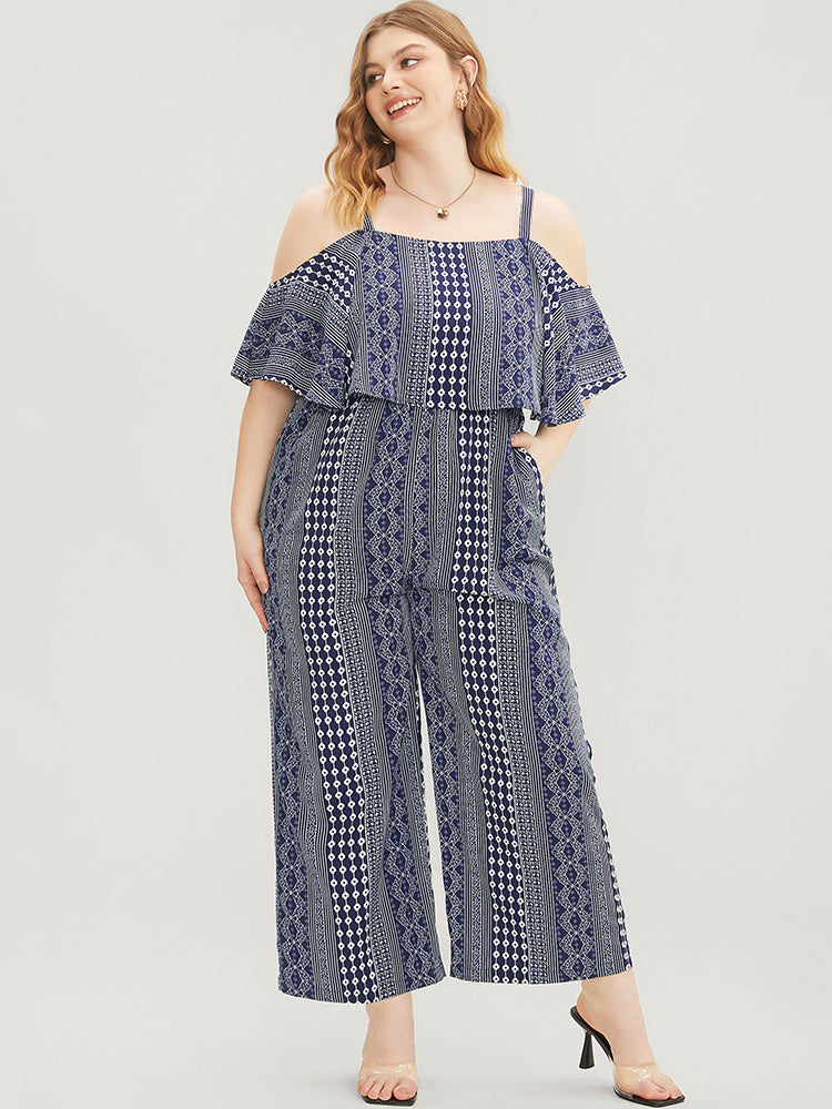 Striped Geometric Pocket Ruffles Cold Shoulder Jumpsuit-Sweetccc
