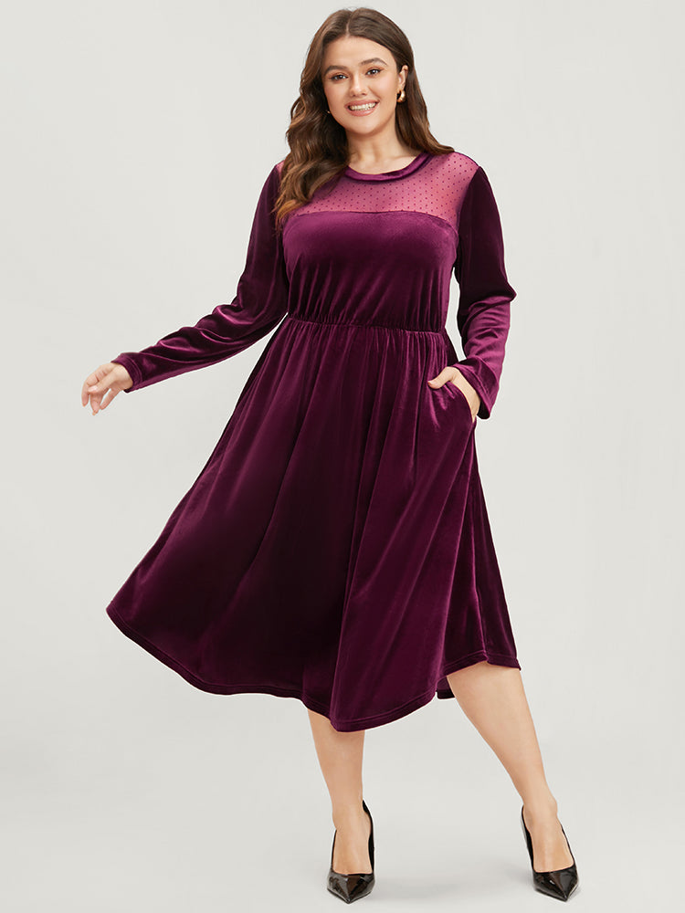Solid Mesh Patchwork Pocket Velvet Arc Hem Dress-Sweetccc