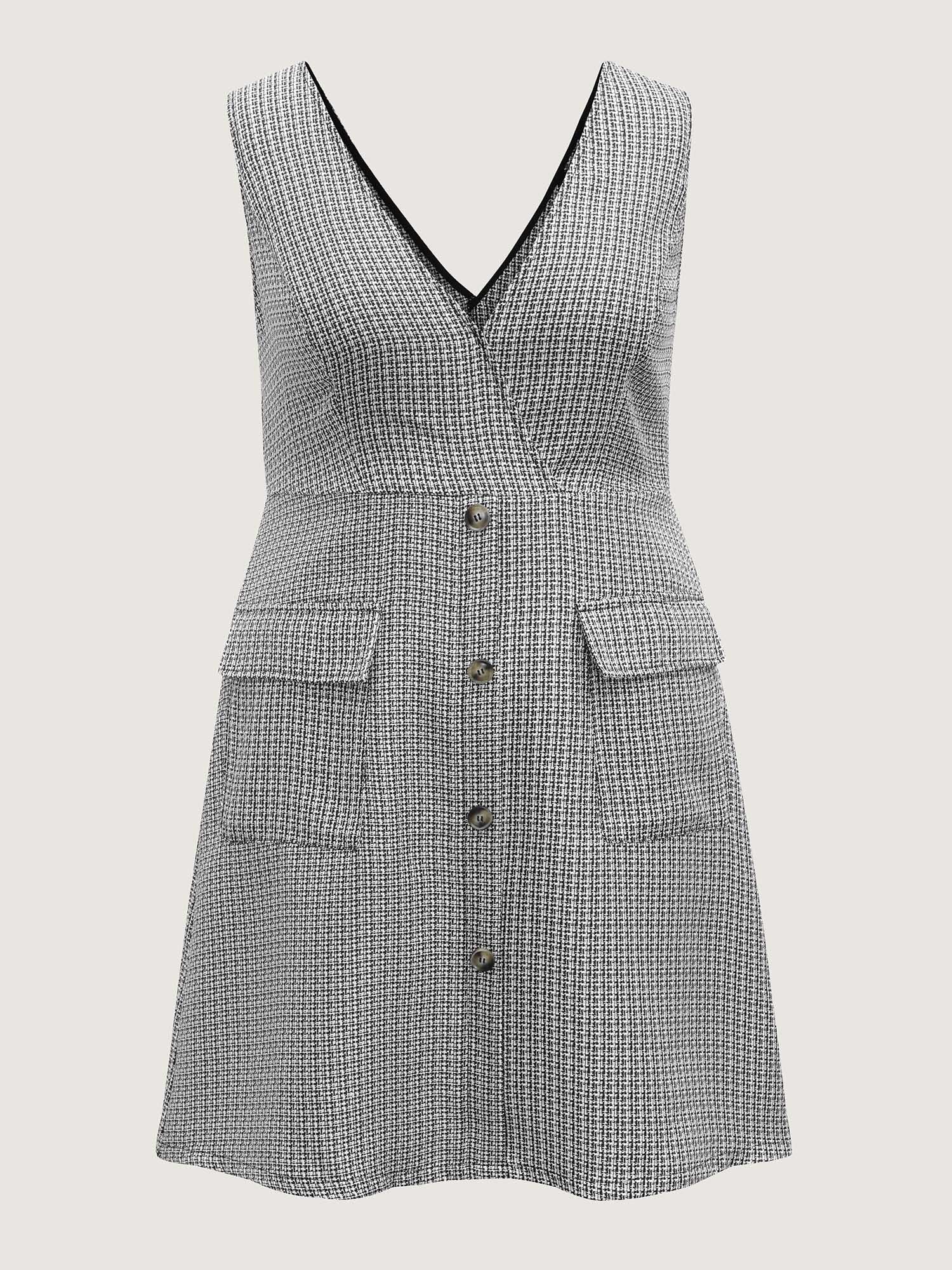 Houndstooth Button Detail Pockets Knee Dress-Sweetccc