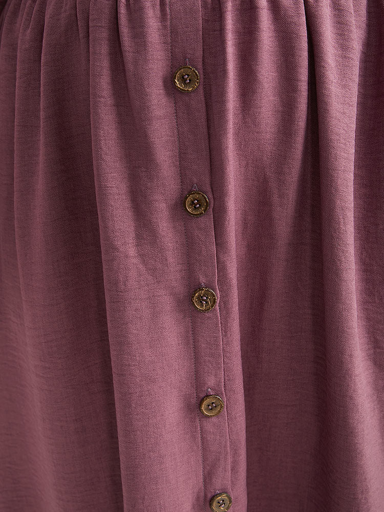 Twill Gathered Button Detail Lantern Sleeve Dress-Sweetccc