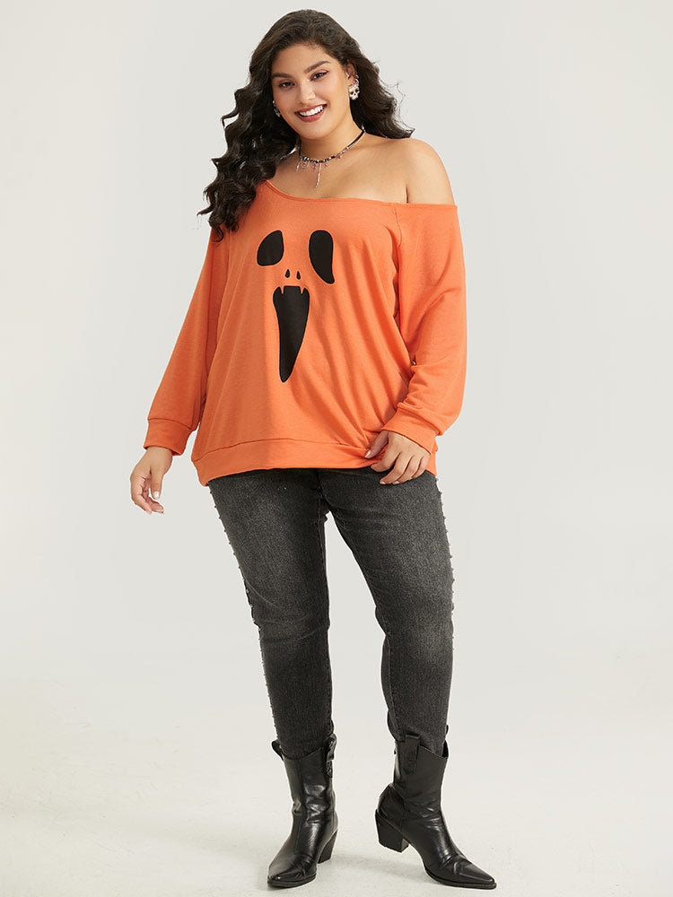 Halloween Print One Shoulder Raglan Sleeve Sweatshirt-Sweetccc